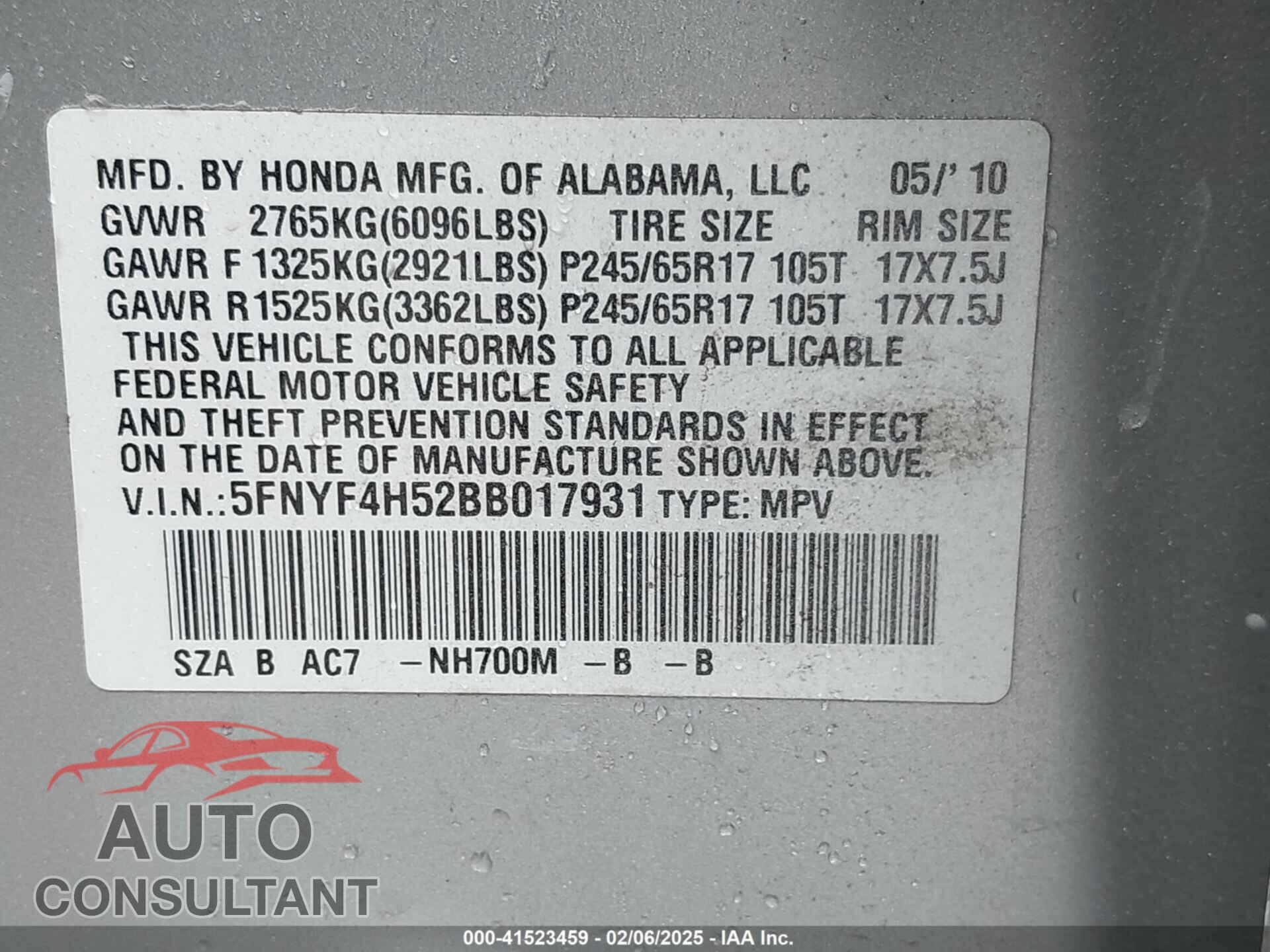 HONDA PILOT 2011 - 5FNYF4H52BB017931