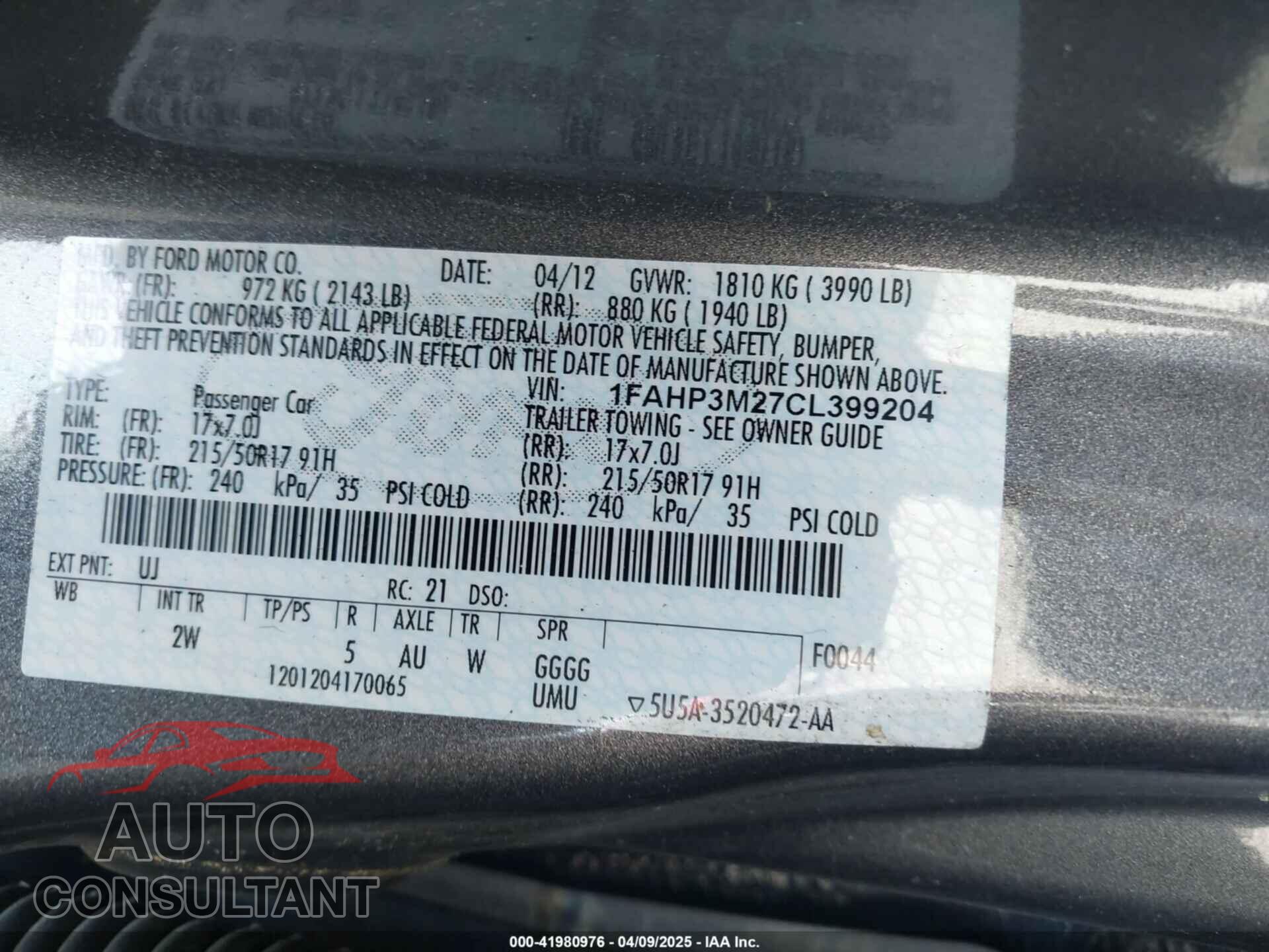 FORD FOCUS 2012 - 1FAHP3M27CL399204