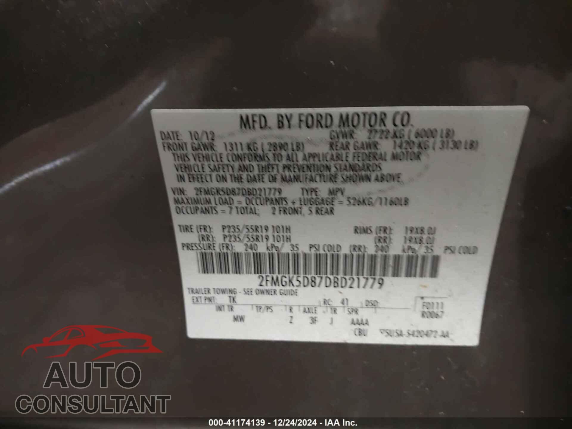 FORD FLEX 2013 - 2FMGK5D87DBD21779