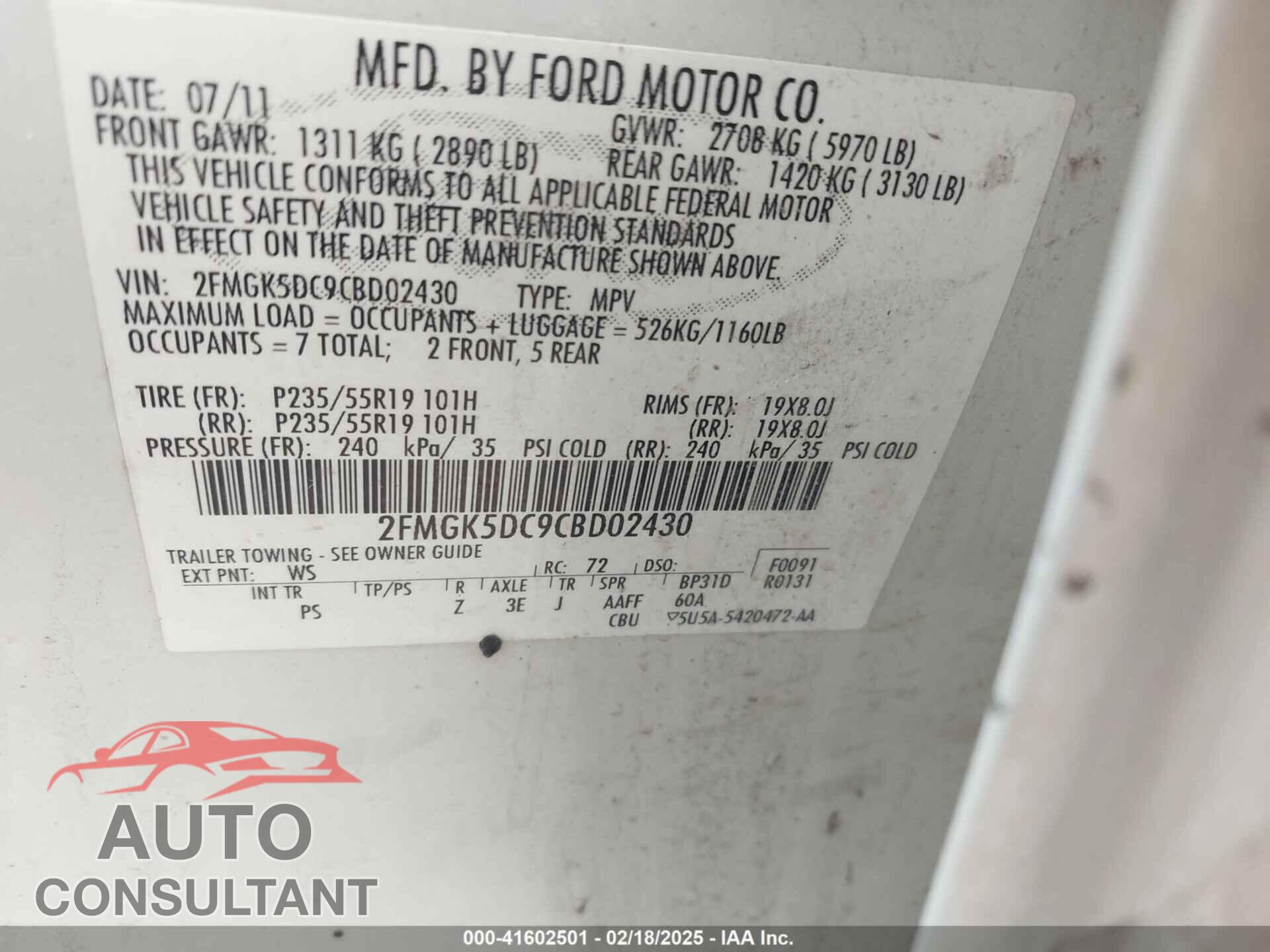 FORD FLEX 2012 - 2FMGK5DC9CBD02430