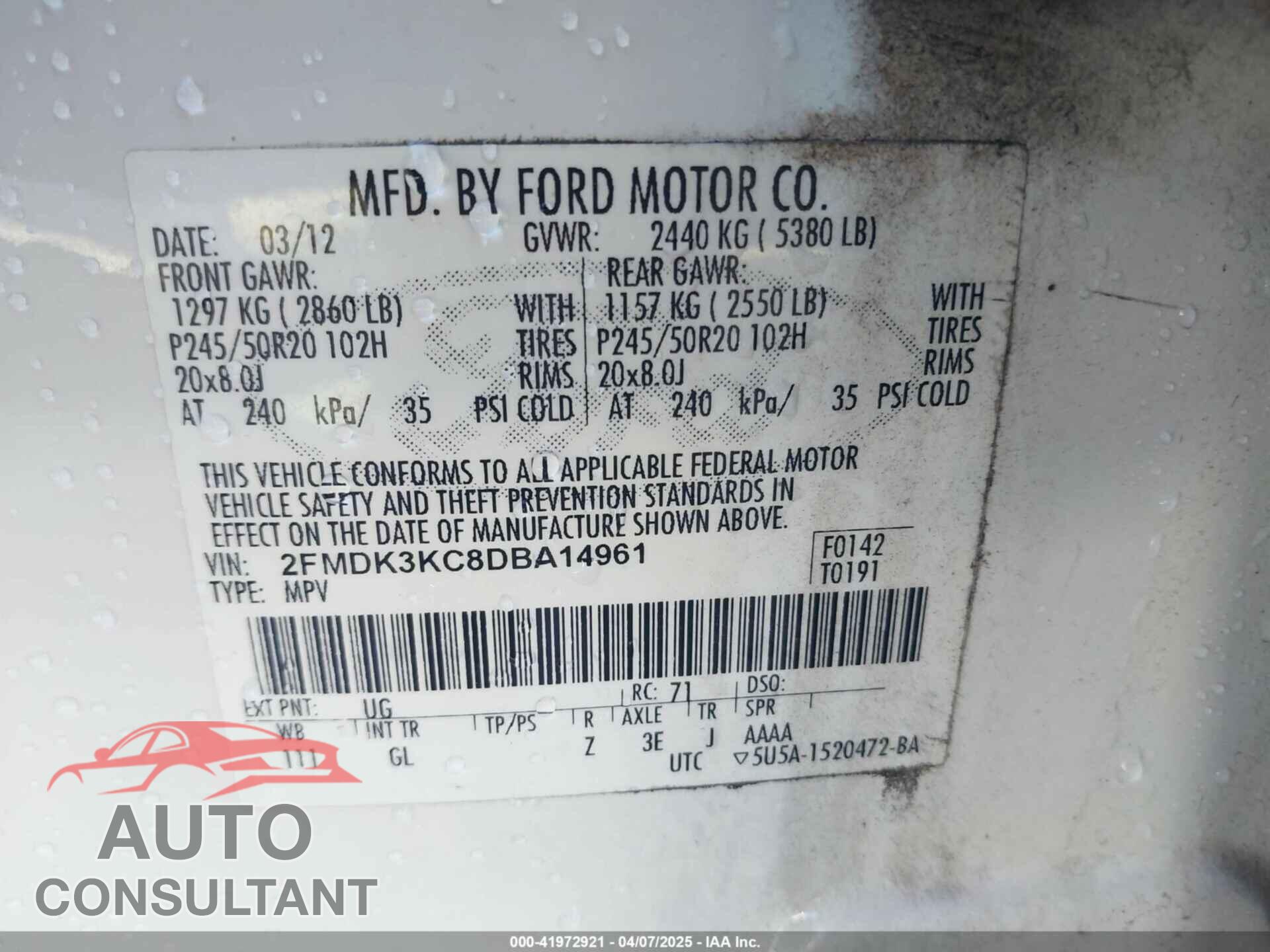 FORD EDGE 2013 - 2FMDK3KC8DBA14961