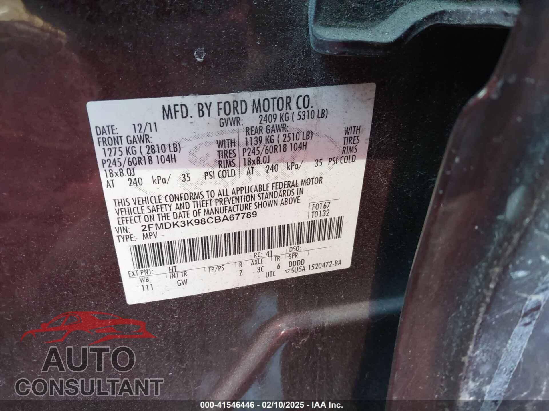 FORD EDGE 2012 - 2FMDK3K98CBA67789