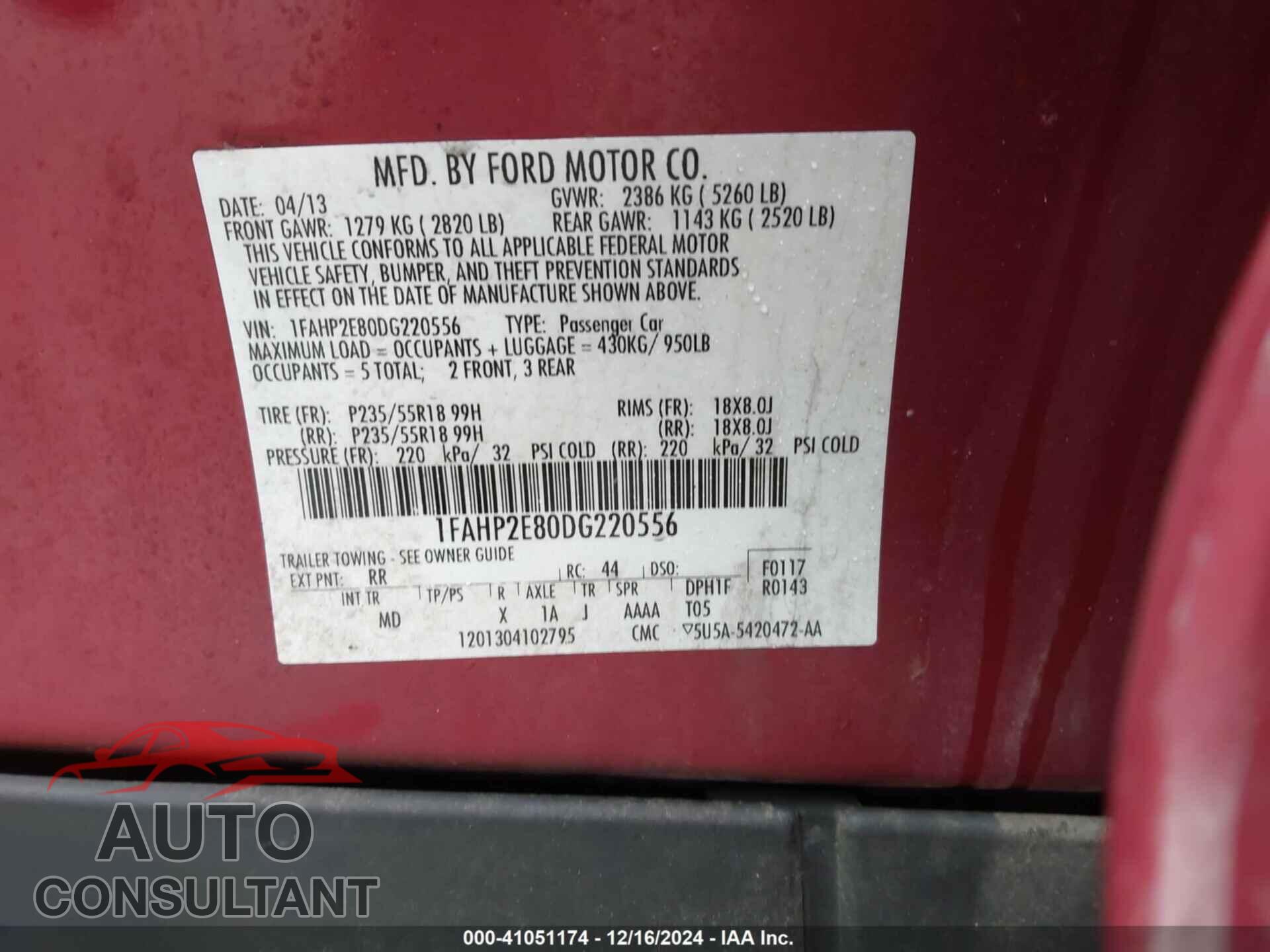 FORD TAURUS 2013 - 1FAHP2E80DG220556