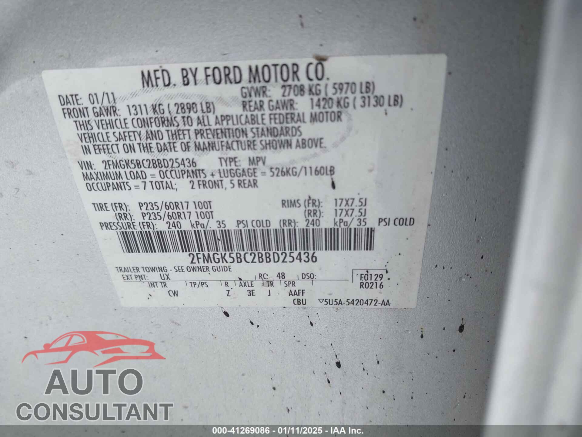 FORD FLEX 2011 - 2FMGK5BC2BBD25436