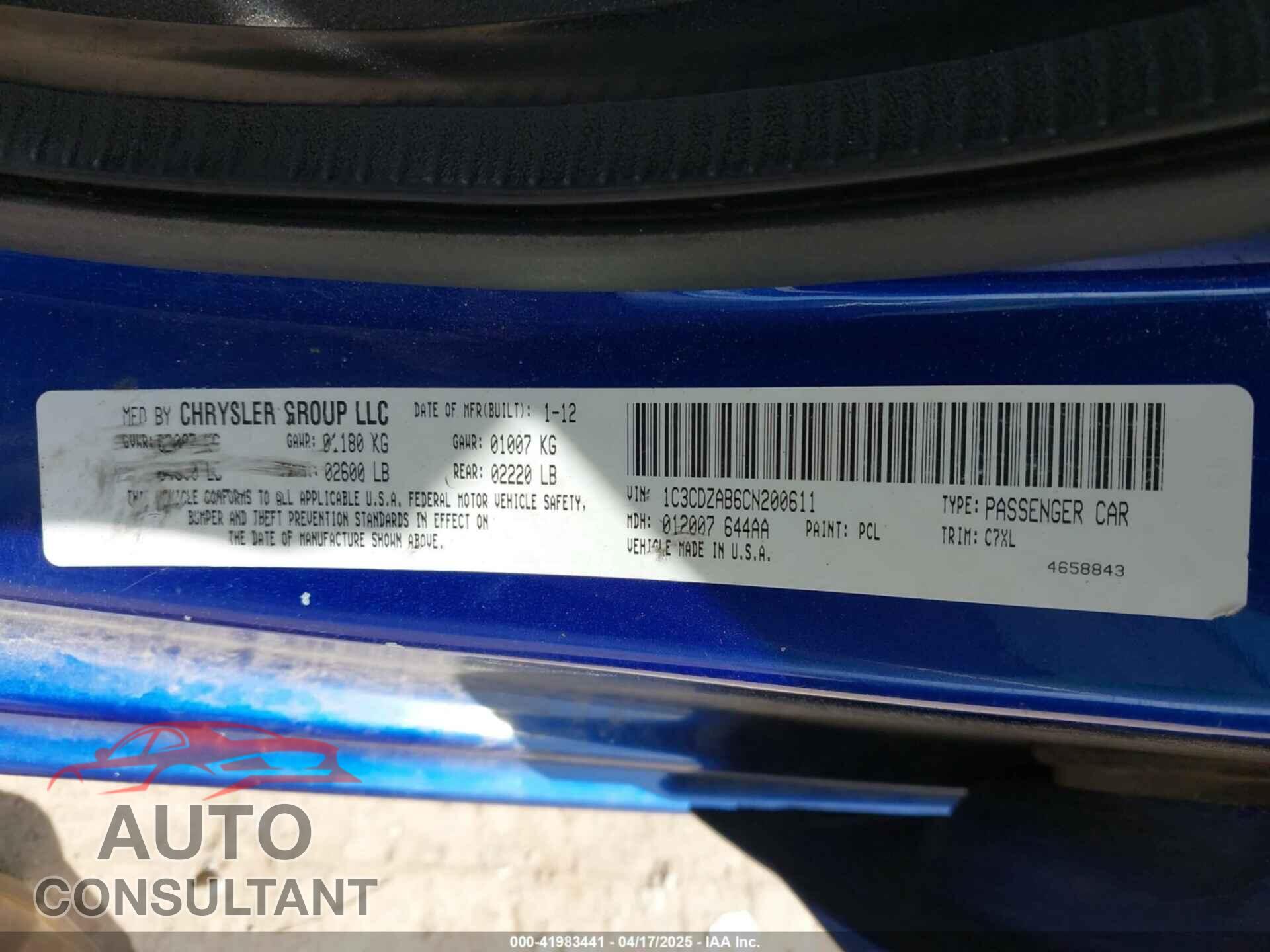 DODGE AVENGER 2012 - 1C3CDZAB6CN200611