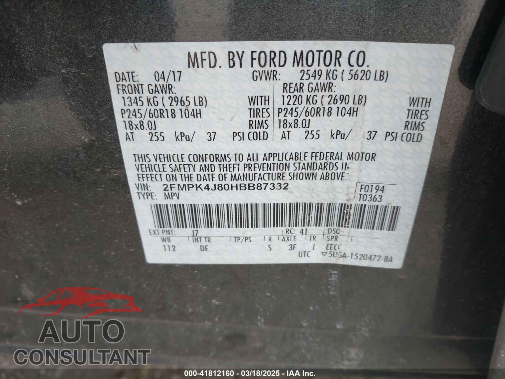FORD EDGE 2017 - 2FMPK4J80HBB87332