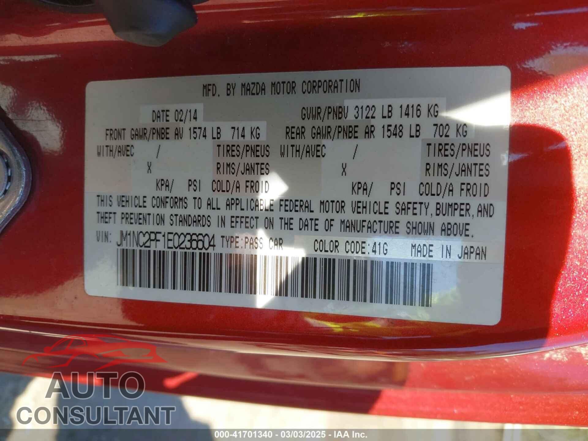 MAZDA MX-5 MIATA 2014 - JM1NC2PF1E0236604