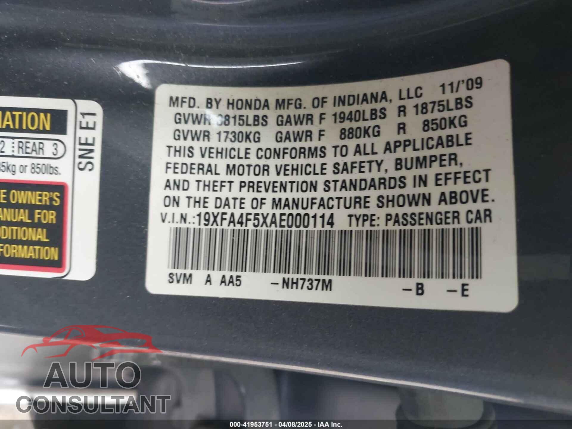 HONDA CIVIC 2010 - 19XFA4F5XAE000114