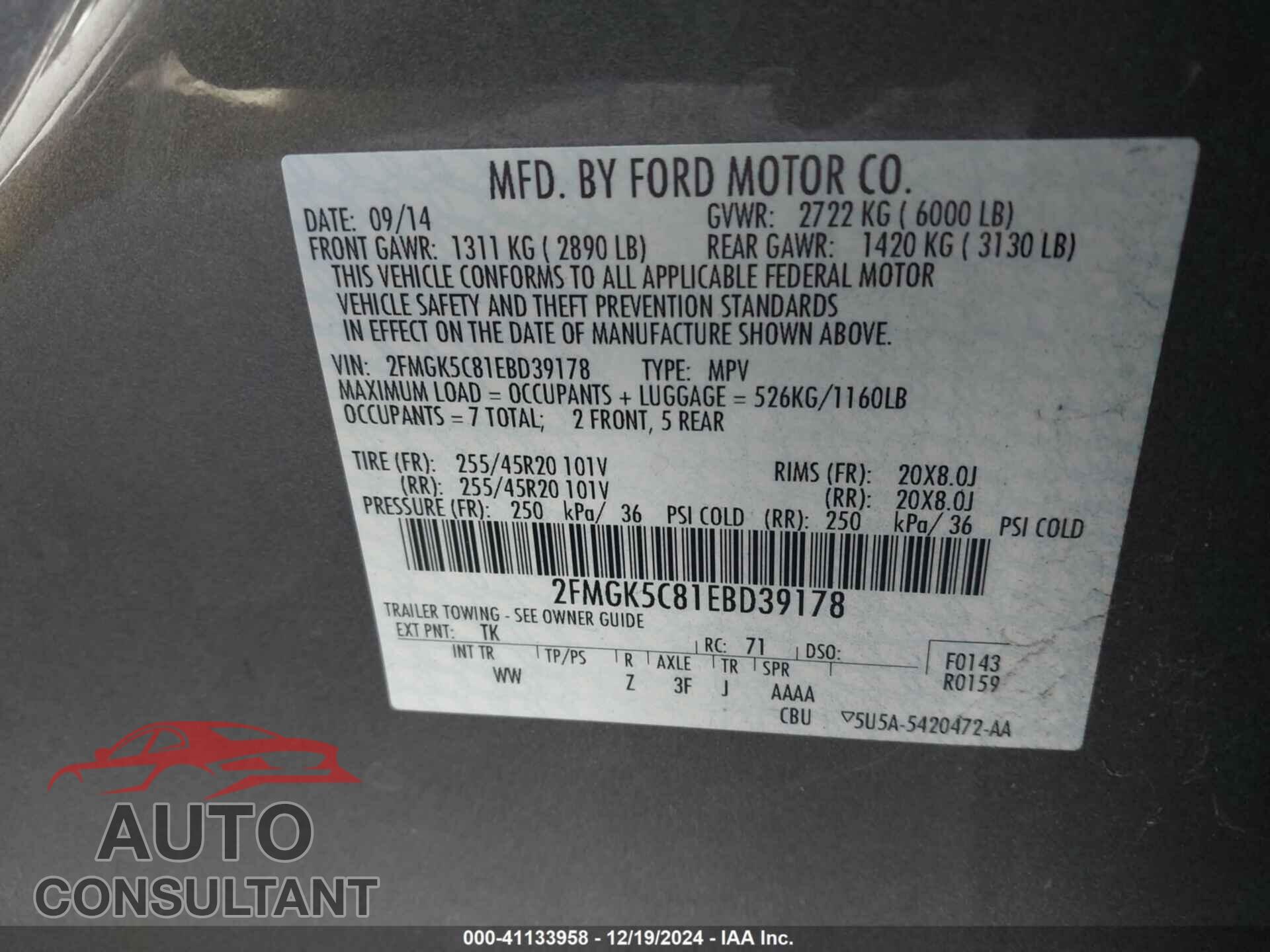 FORD FLEX 2014 - 2FMGK5C81EBD39178