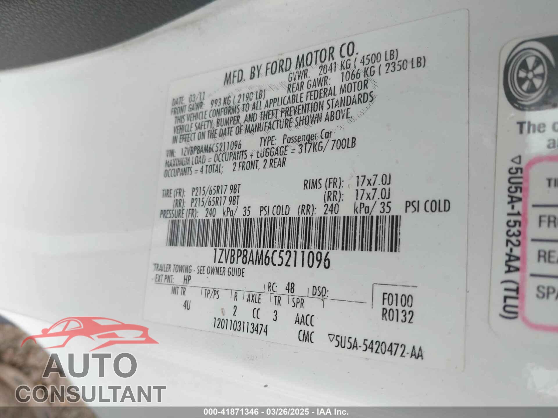 FORD MUSTANG 2012 - 1ZVBP8AM6C5211096