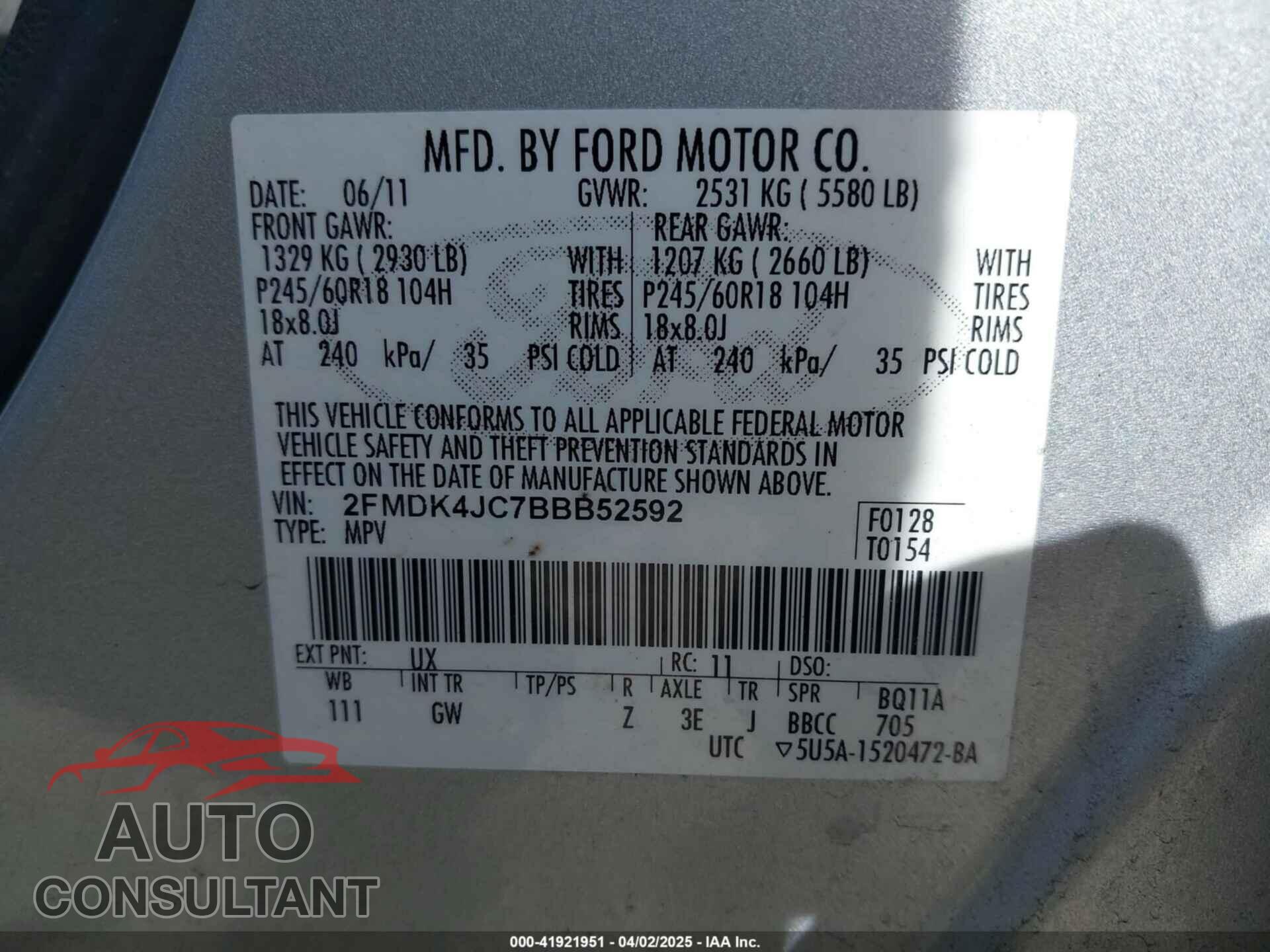 FORD EDGE 2011 - 2FMDK4JC7BBB52592