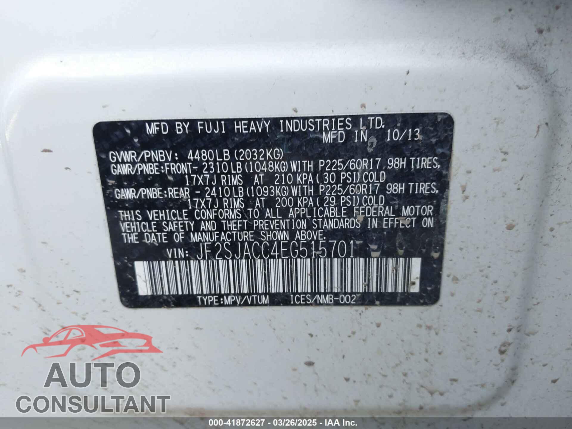 SUBARU FORESTER 2014 - JF2SJACC4EG515701