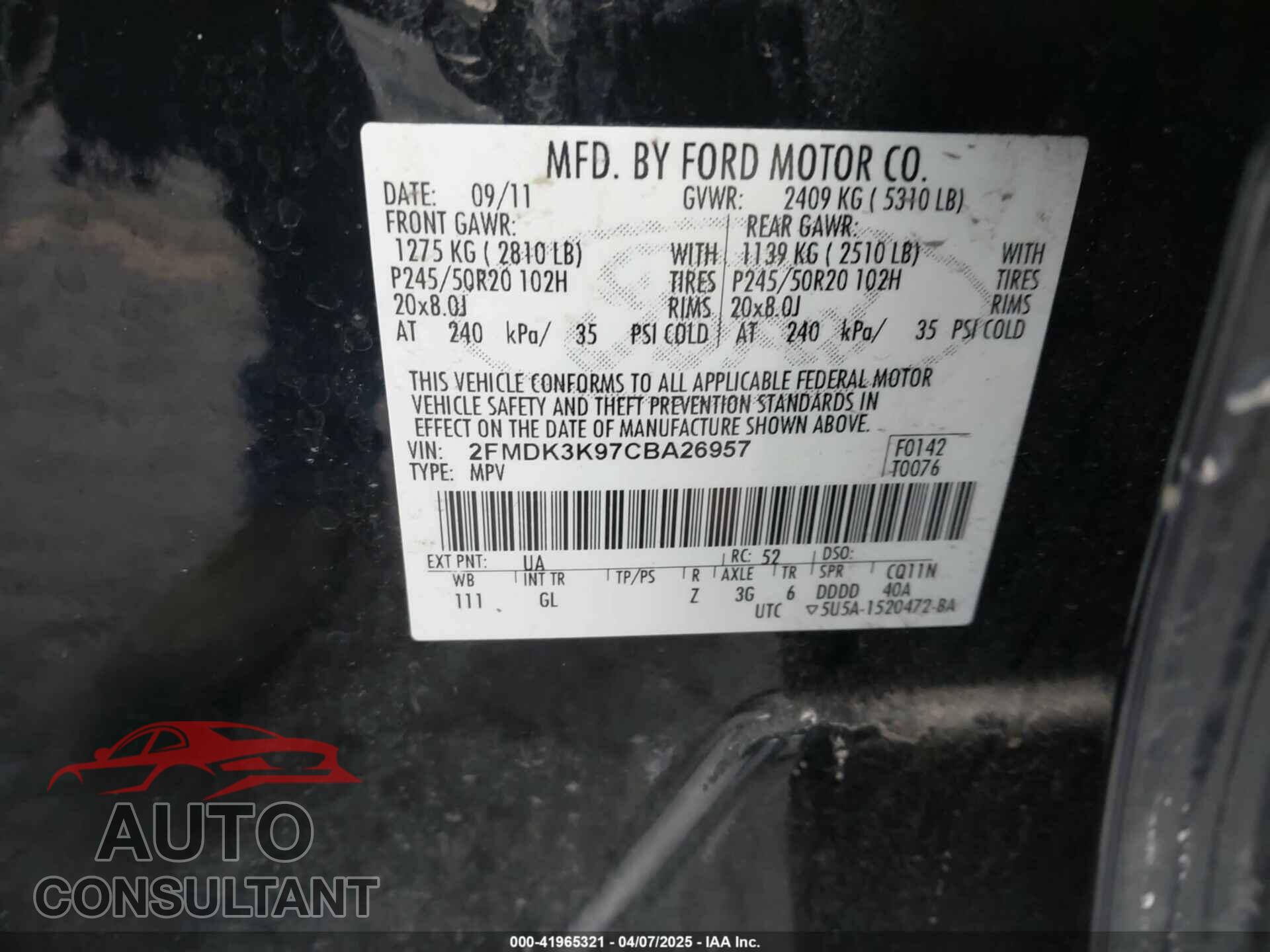 FORD EDGE 2012 - 2FMDK3K97CBA26957