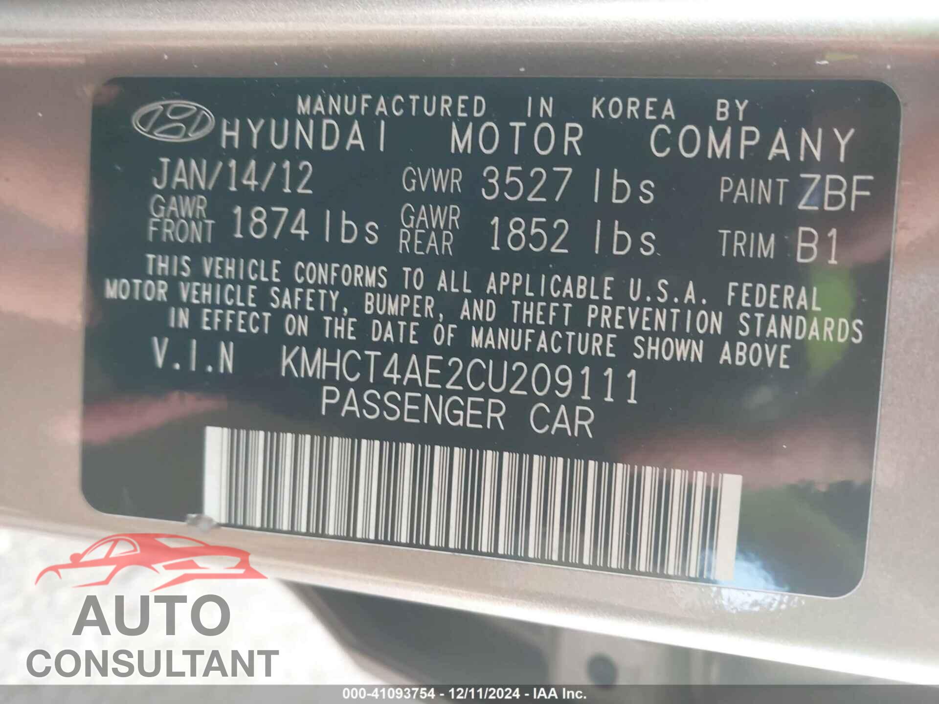 HYUNDAI ACCENT 2012 - KMHCT4AE2CU209111