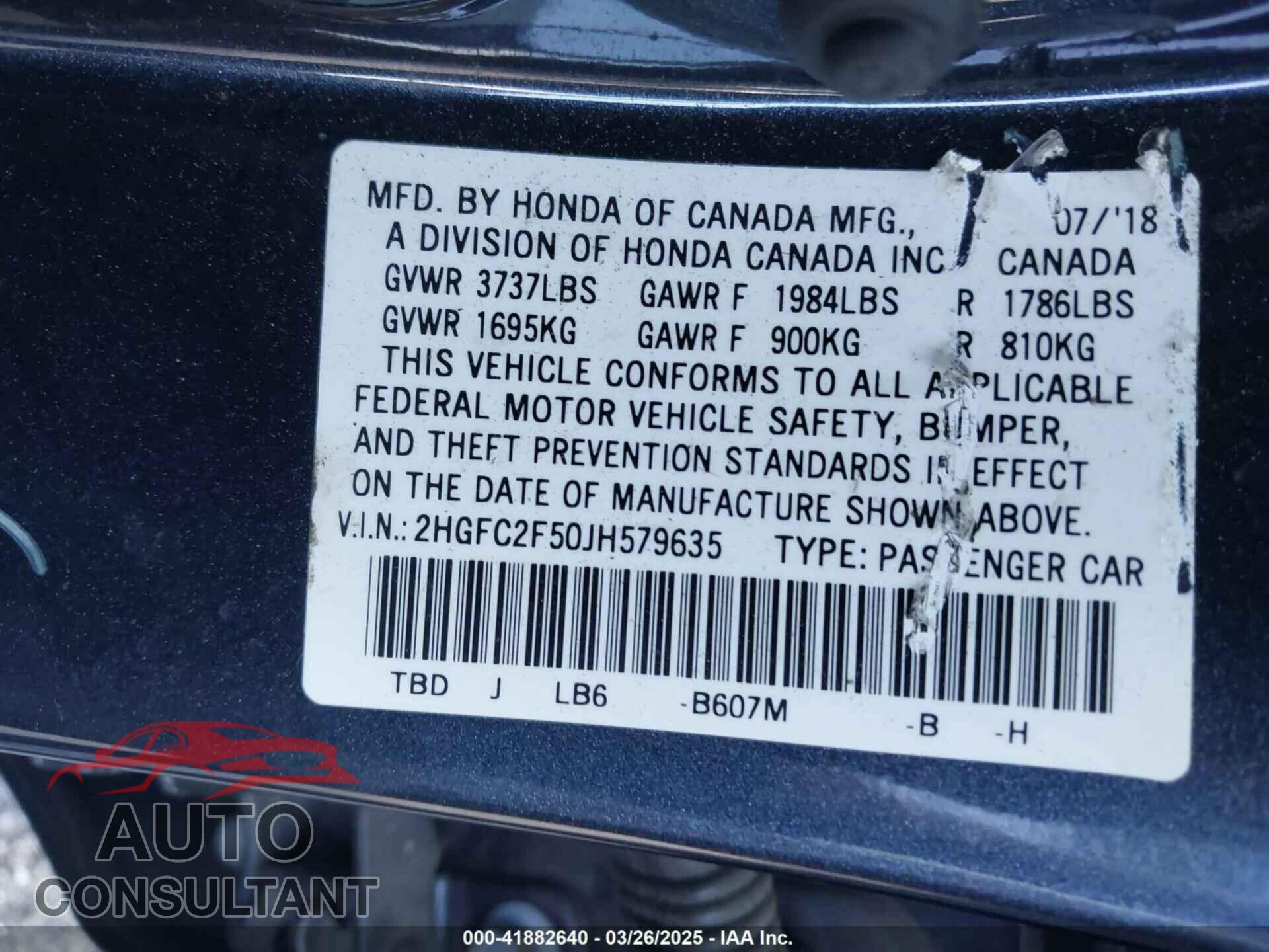 HONDA CIVIC 2018 - 2HGFC2F50JH579635