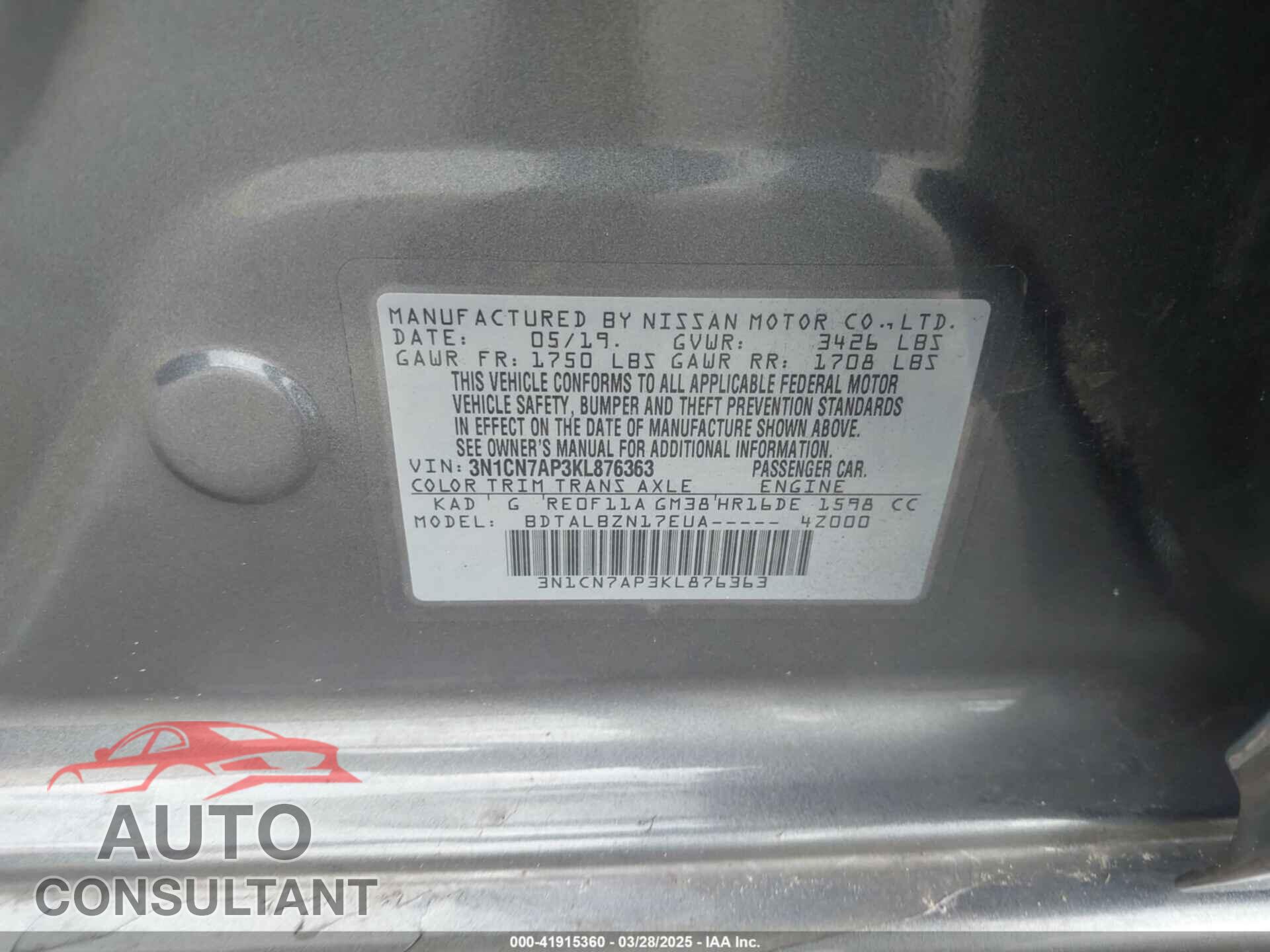 NISSAN VERSA 2019 - 3N1CN7AP3KL876363