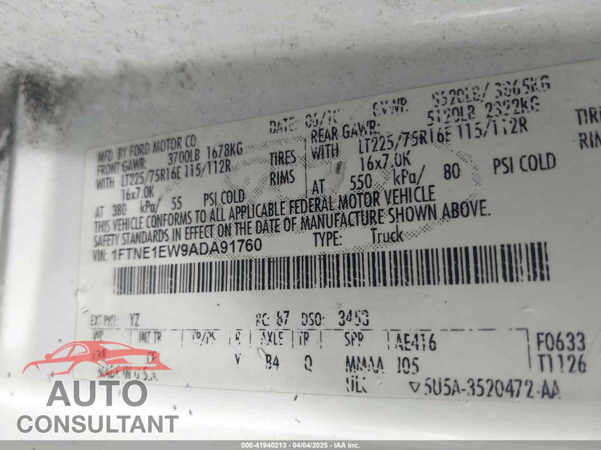 FORD E-150 2010 - 1FTNE1EW9ADA91760