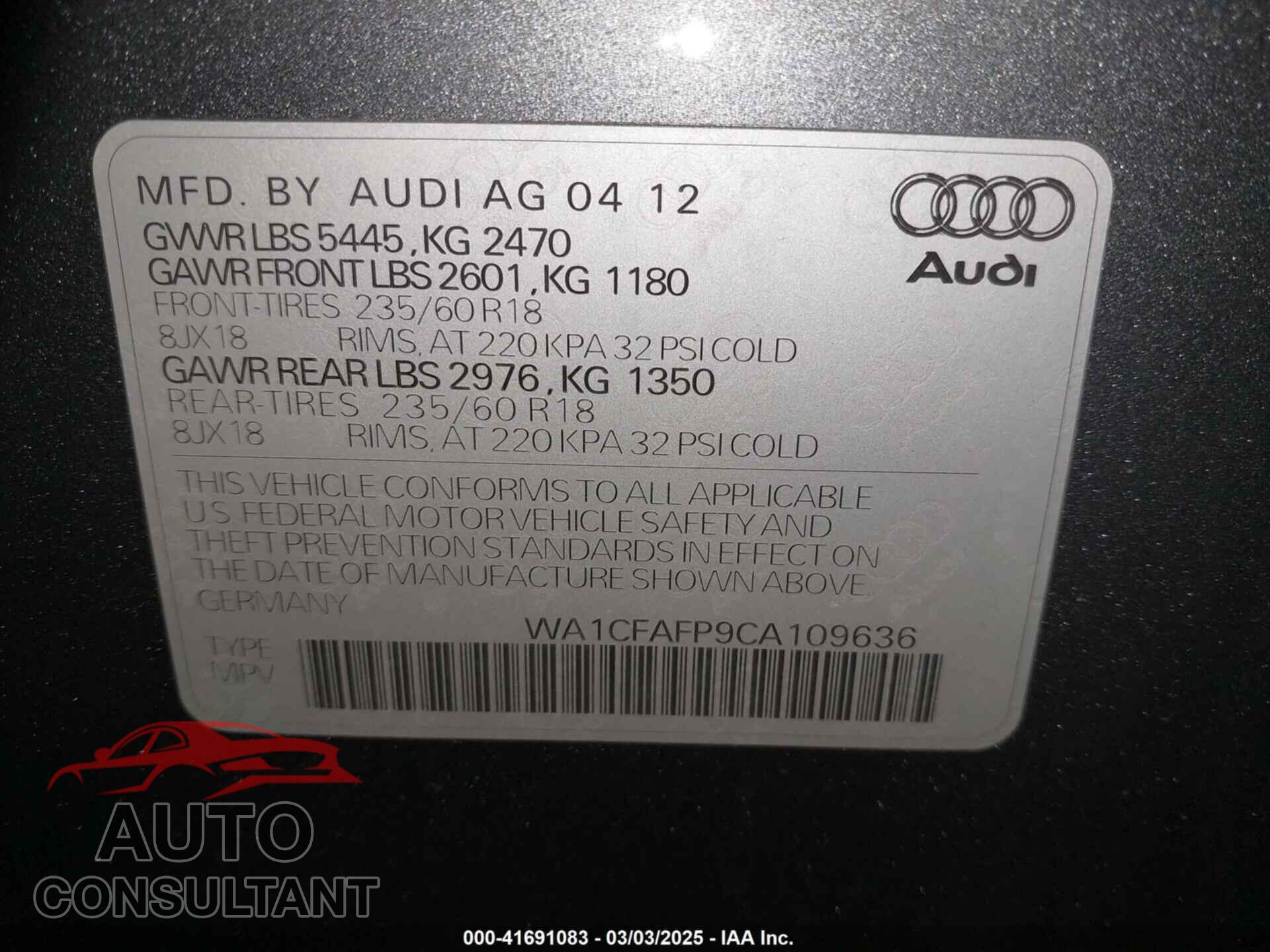 AUDI Q5 2012 - WA1CFAFP9CA109636