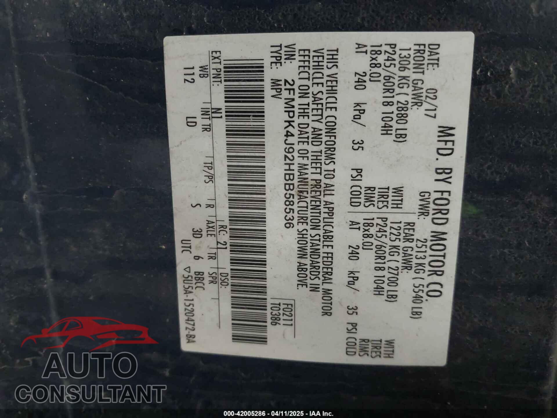 FORD EDGE 2017 - 2FMPK4J92HBB58536