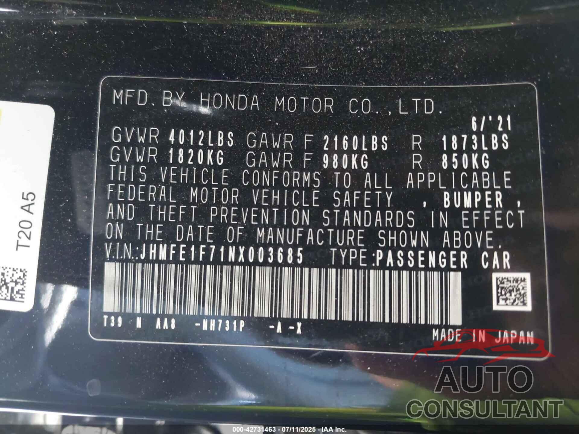 HONDA CIVIC 2022 - JHMFE1F71NX003685