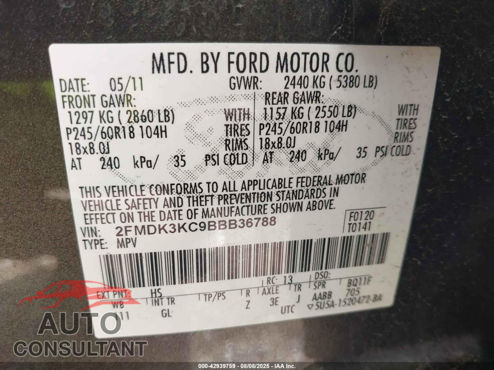 FORD EDGE 2011 - 2FMDK3KC9BBB36788