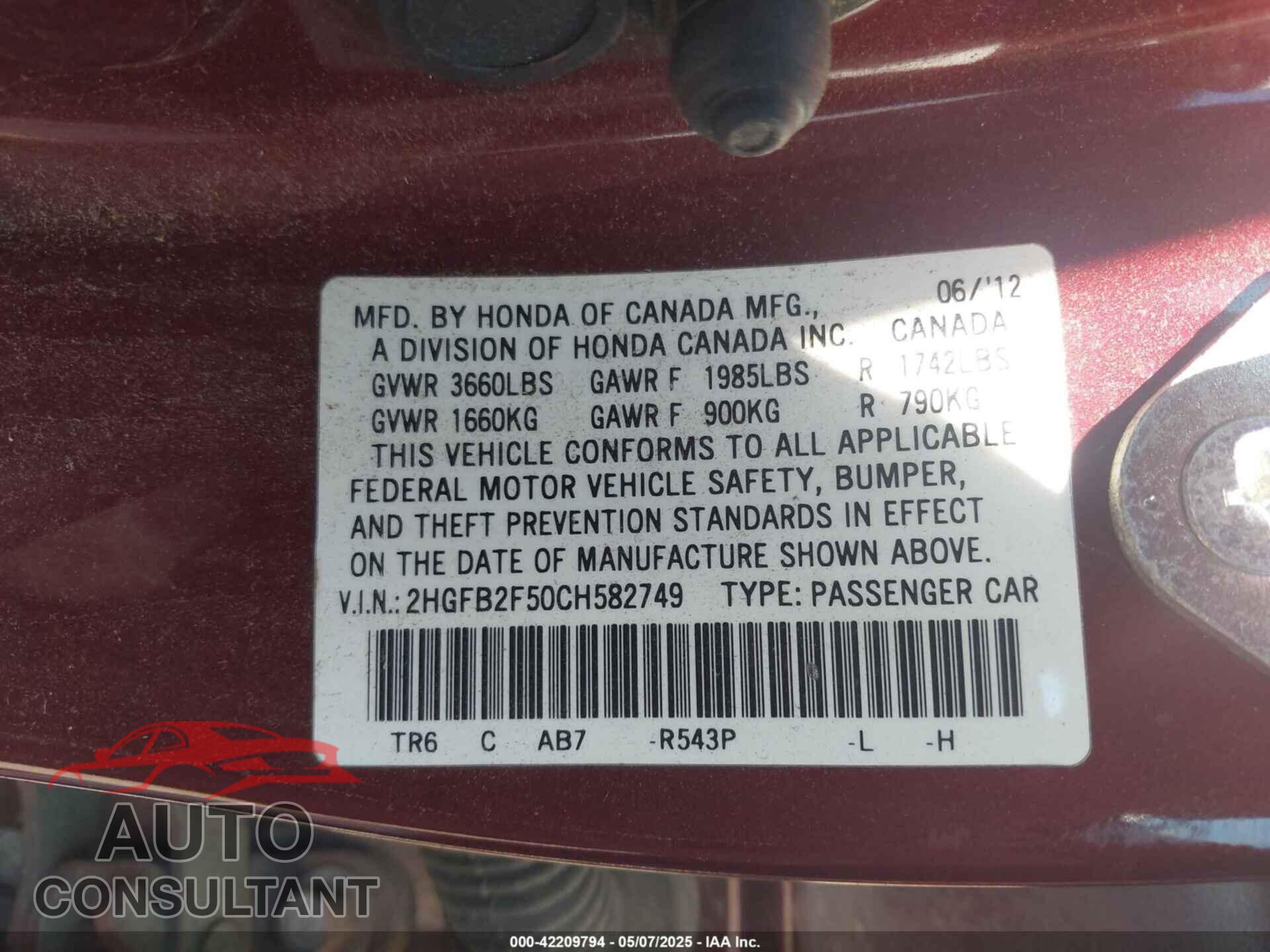 HONDA CIVIC 2012 - 2HGFB2F50CH582749