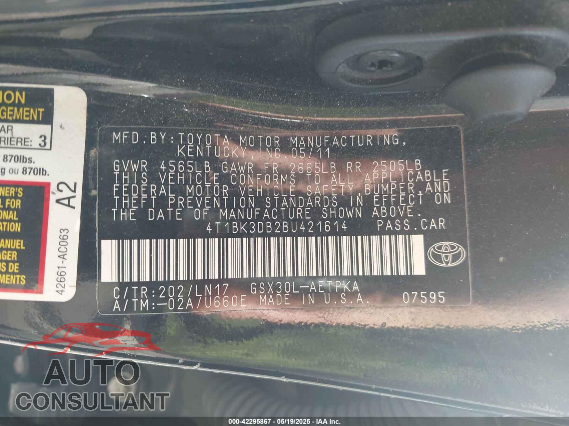 TOYOTA AVALON 2011 - 4T1BK3DB2BU421614