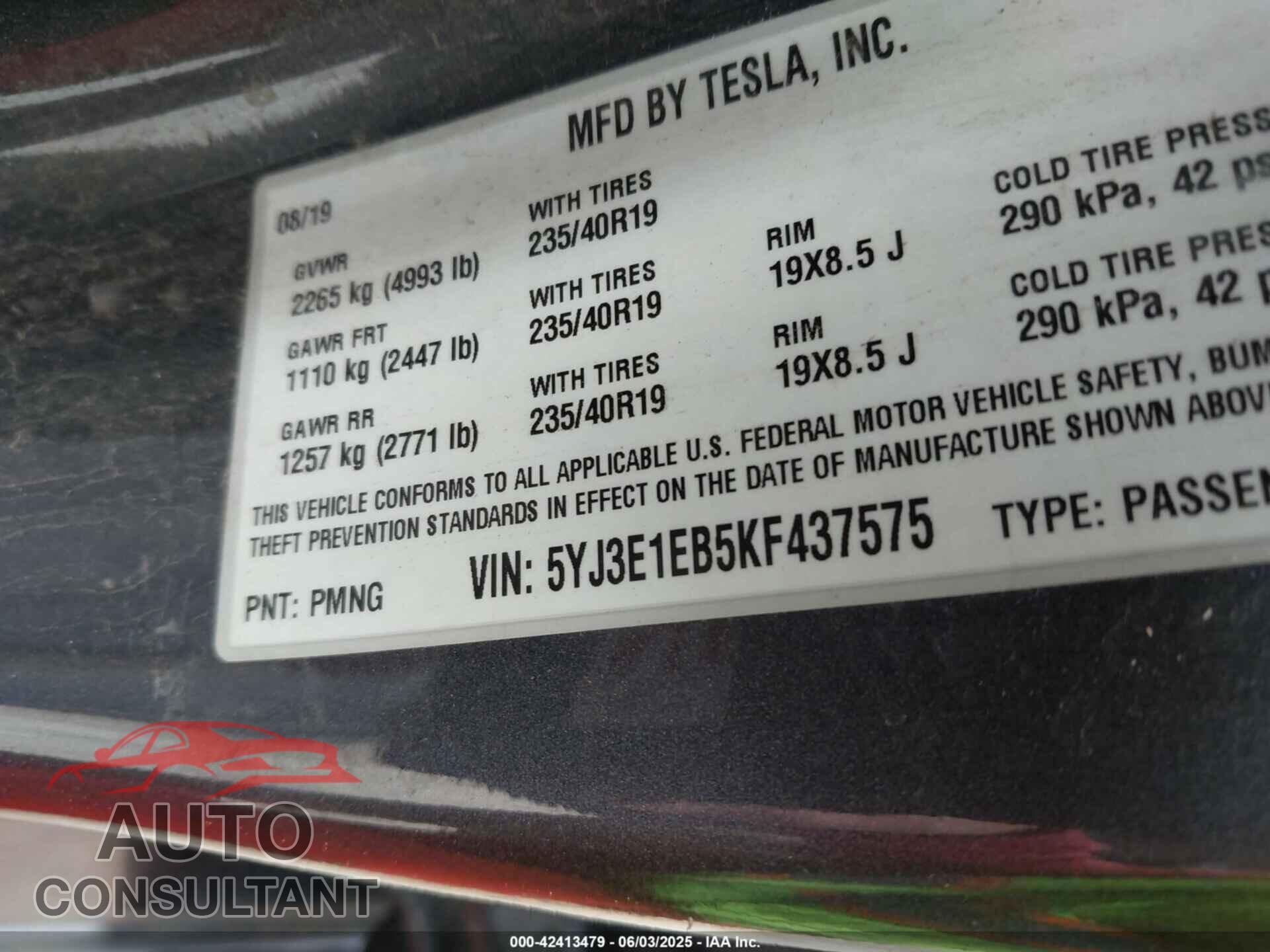 TESLA MODEL 3 2019 - 5YJ3E1EB5KF437575