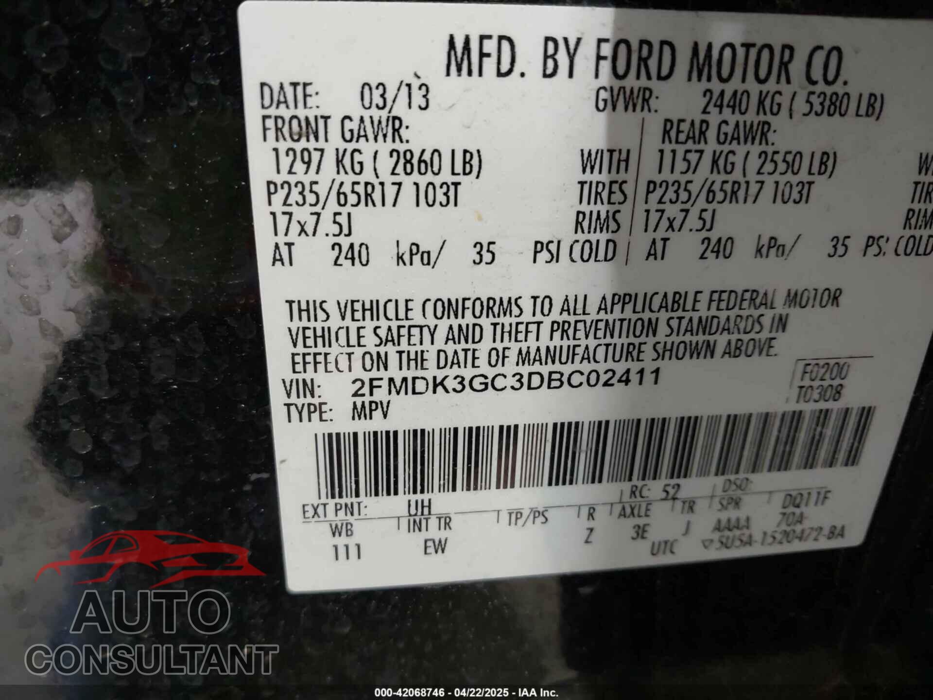 FORD EDGE 2013 - 2FMDK3GC3DBC02411