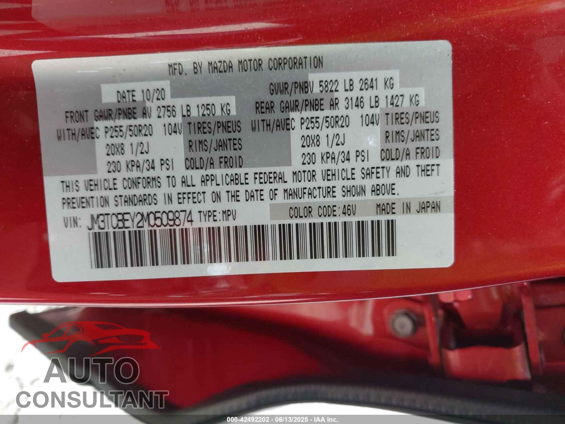 MAZDA CX-9 2021 - JM3TCBEY2M0509874