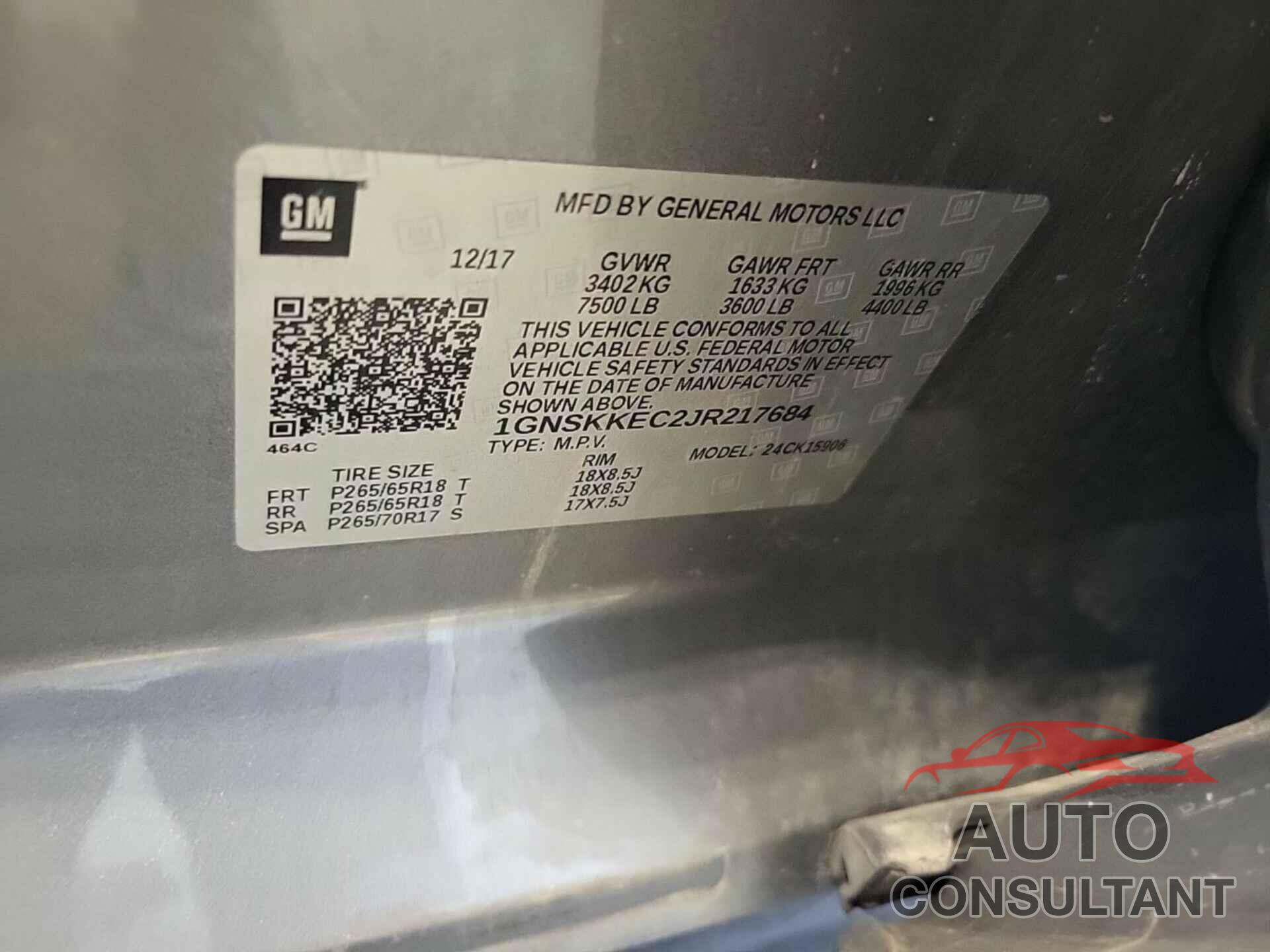 CHEVROLET SUBURBAN 2018 - 1GNSKKEC2JR217684