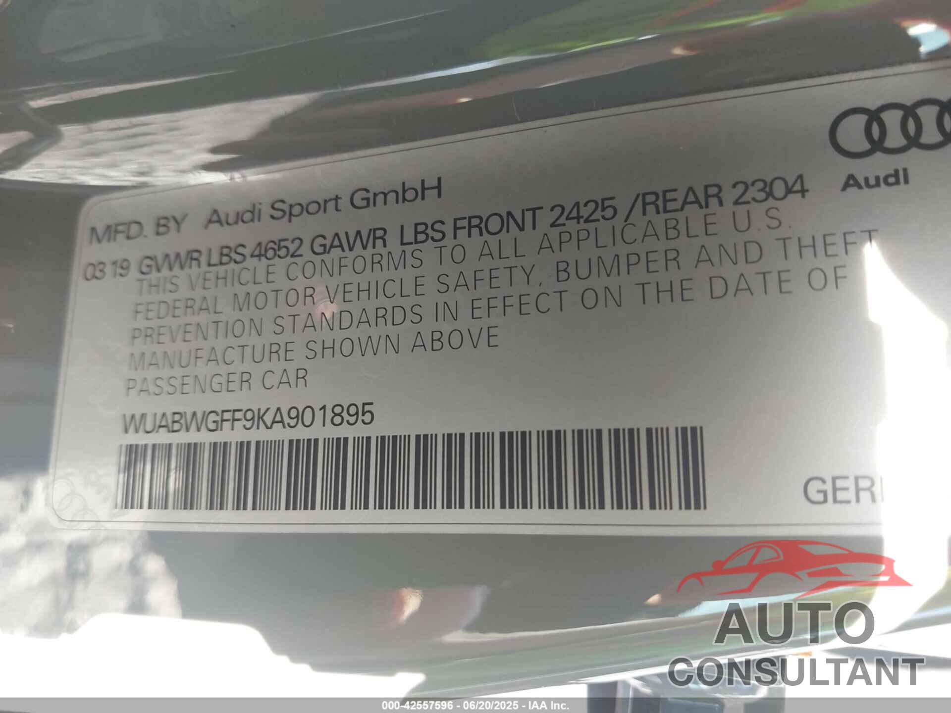 AUDI RS3 2019 - WUABWGFF9KA901895