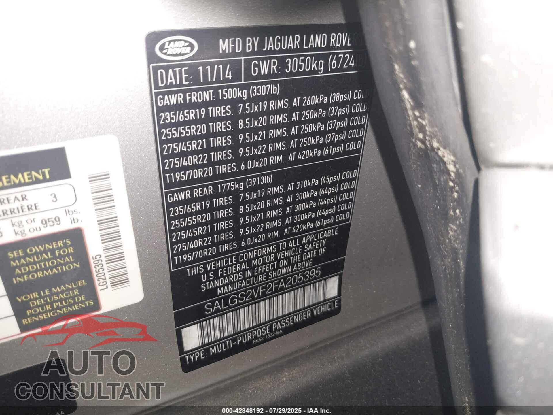 LAND ROVER RANGE ROVER 2015 - SALGS2VF2FA205395