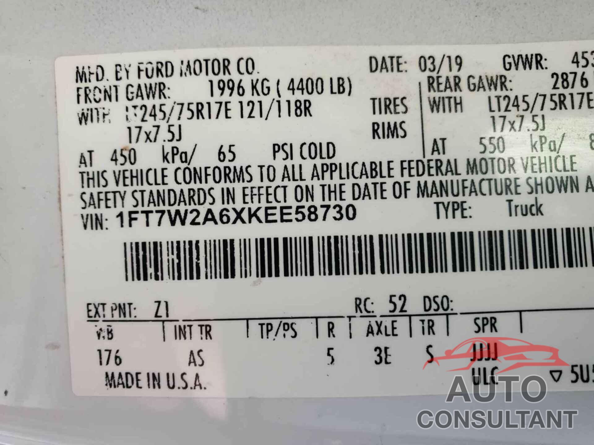 FORD F-250 2019 - 1FT7W2A6XKEE58730
