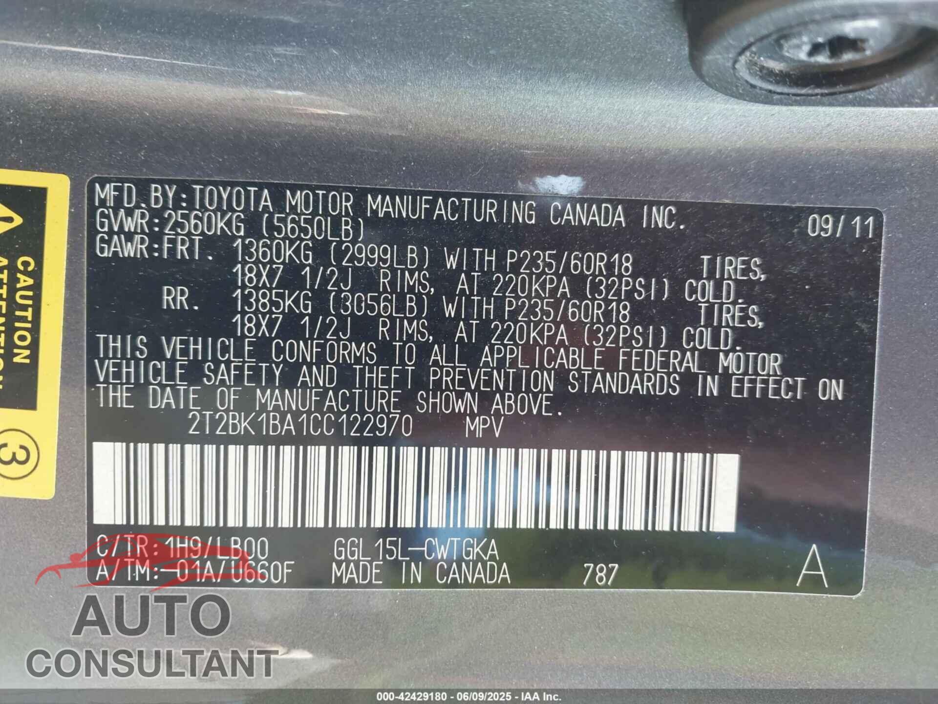 LEXUS RX 350 2012 - 2T2BK1BA1CC122970