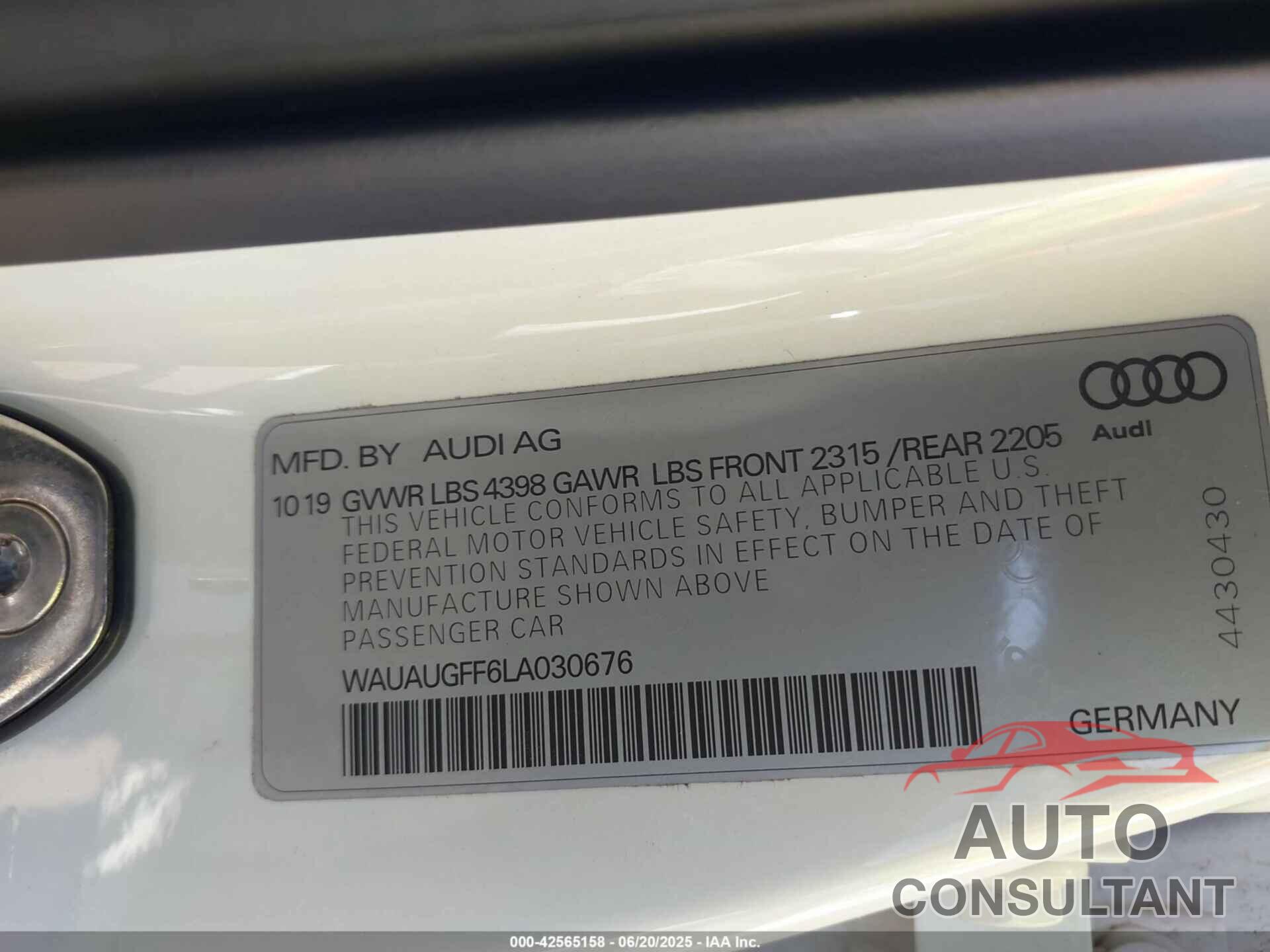 AUDI A3 2020 - WAUAUGFF6LA030676