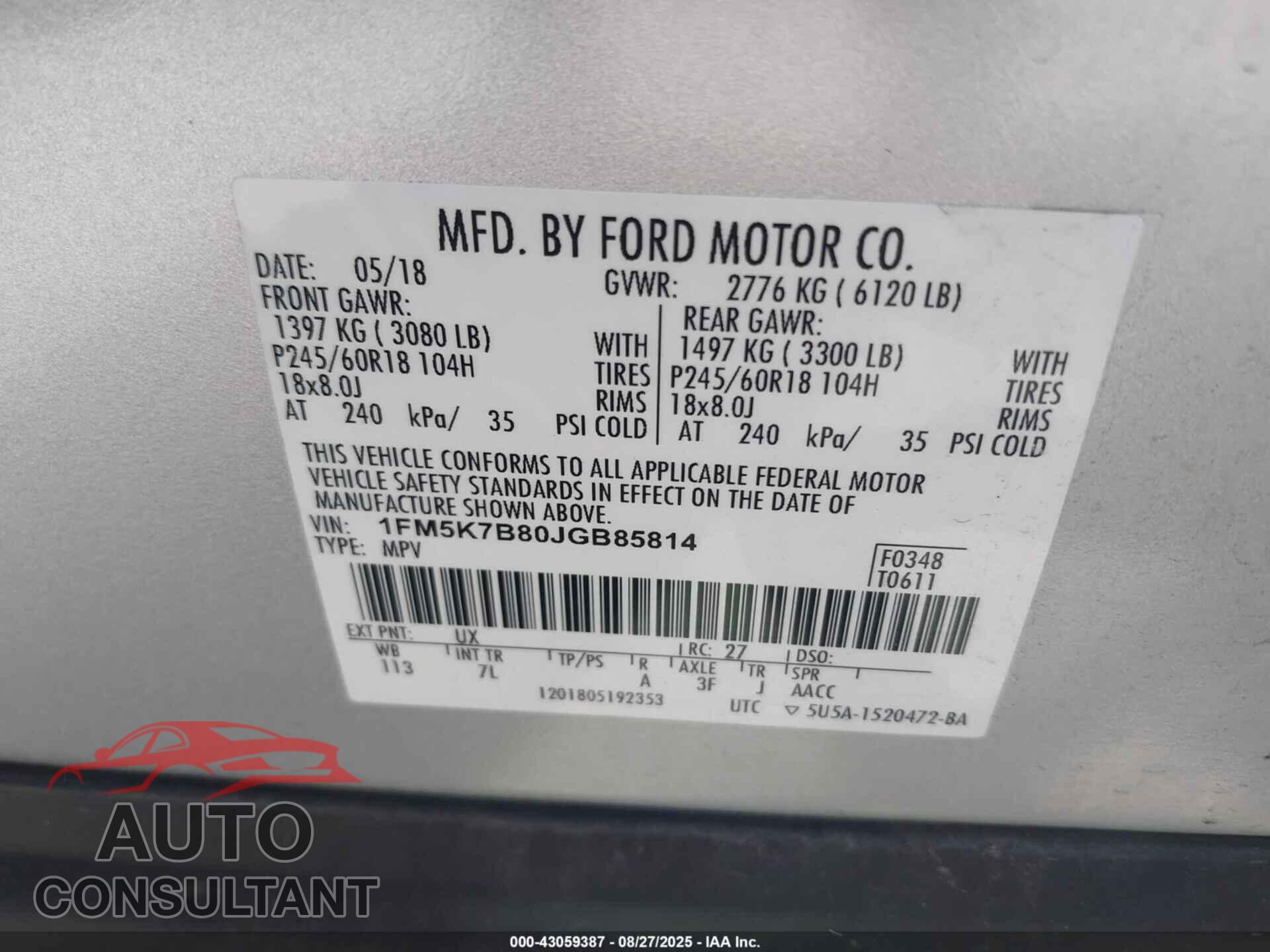 FORD EXPLORER 2018 - 1FM5K7B80JGB85814