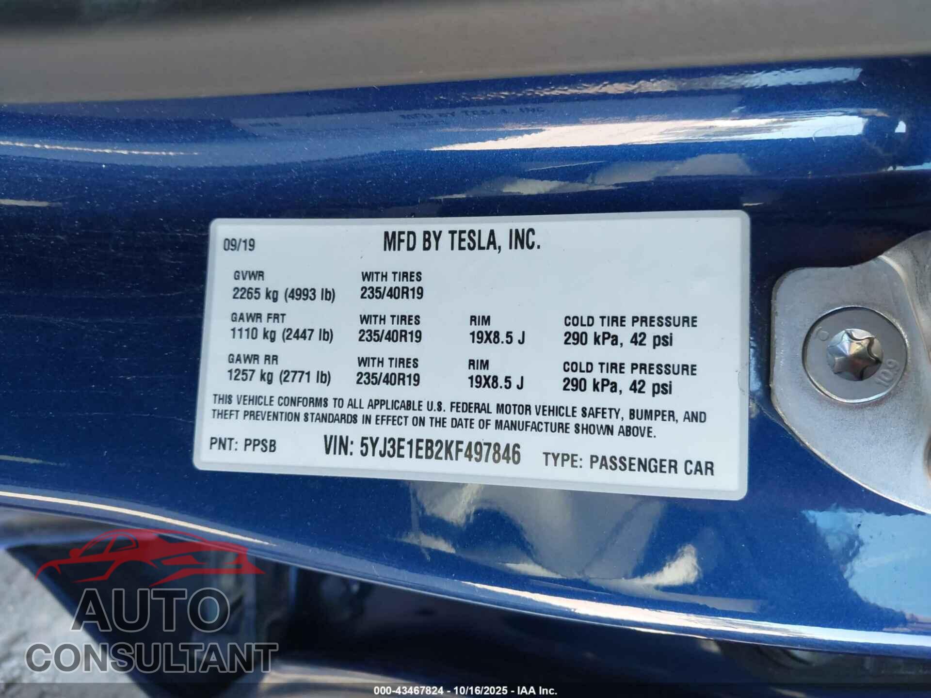 TESLA MODEL 3 2019 - 5YJ3E1EB2KF497846