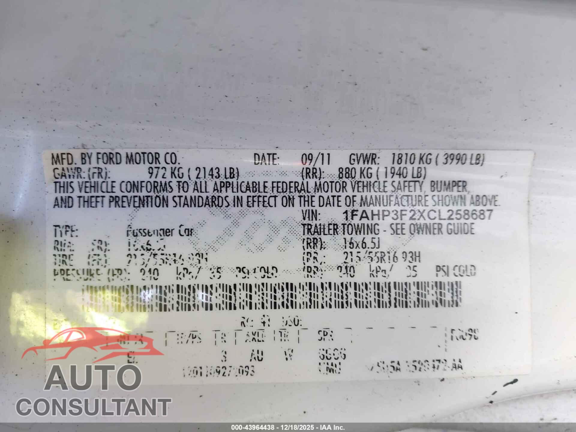 FORD FOCUS 2012 - 1FAHP3F2XCL258687