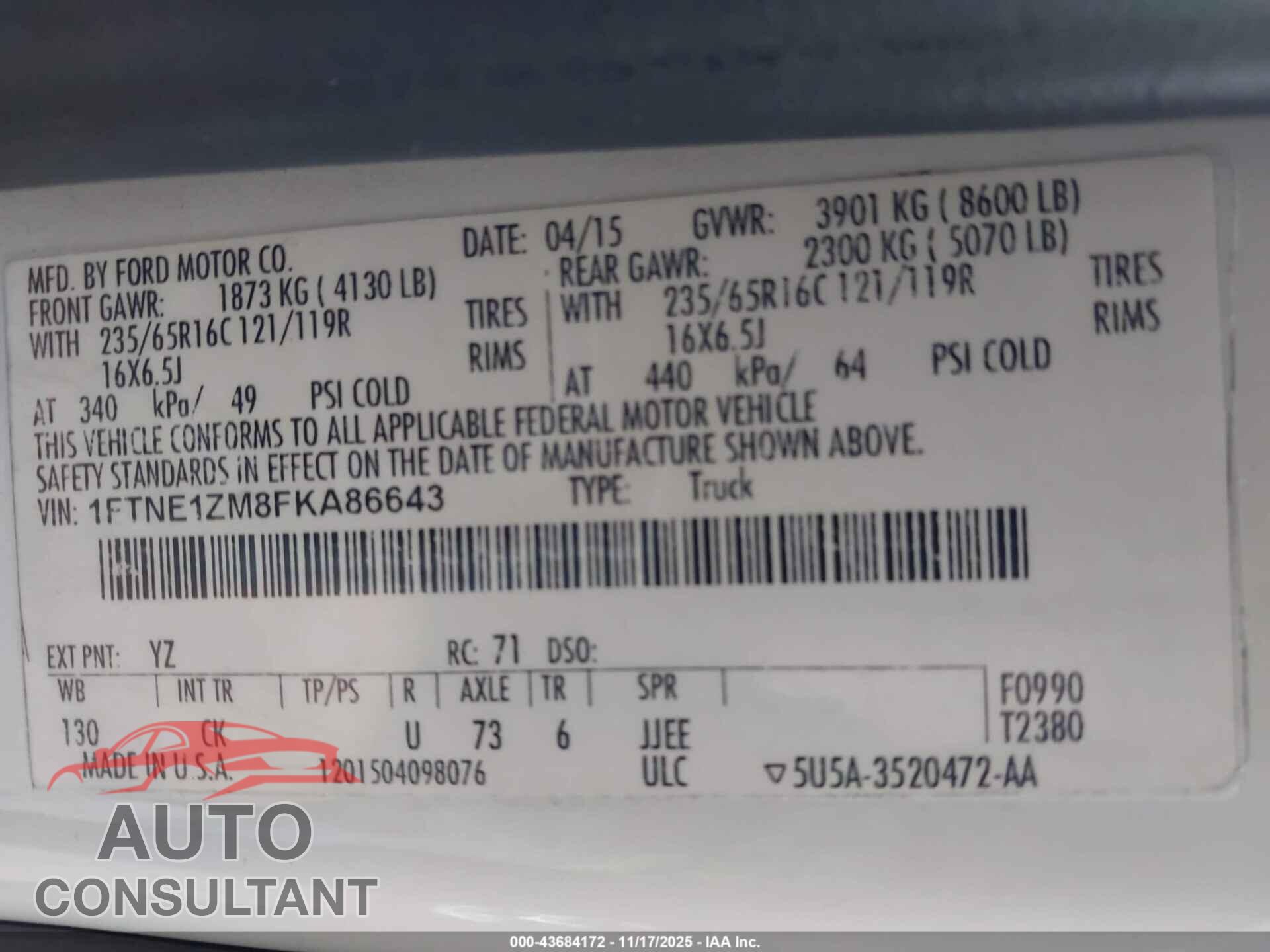 FORD TRANSIT-150 2015 - 1FTNE1ZM8FKA86643