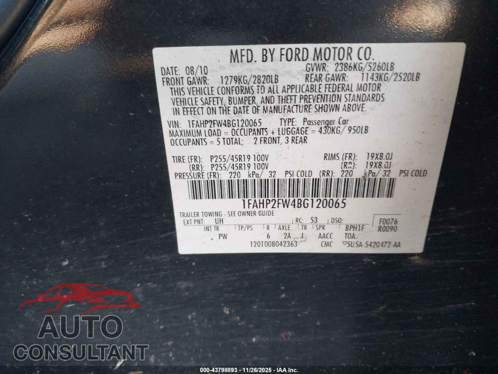 FORD TAURUS 2011 - 1FAHP2FW4BG120065