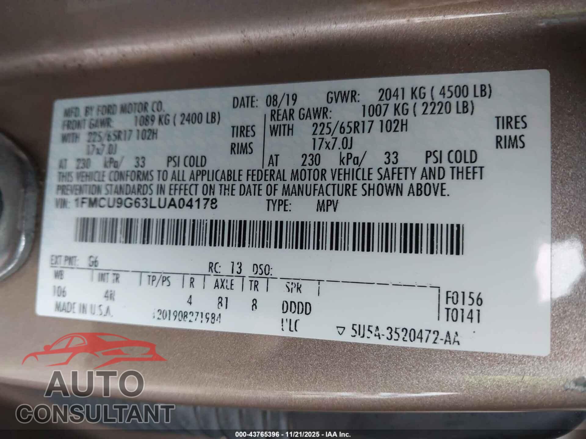 FORD ESCAPE 2020 - 1FMCU9G63LUA04178