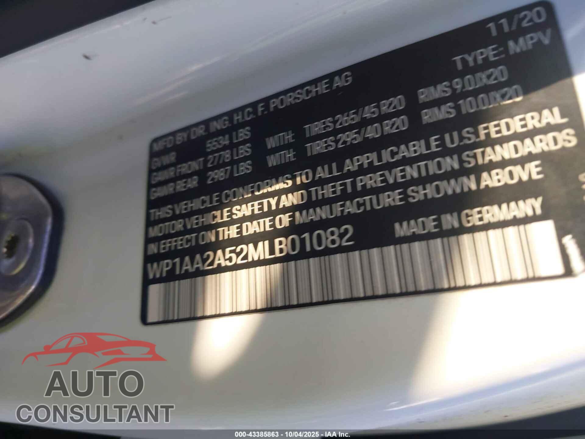 PORSCHE MACAN 2021 - WP1AA2A52MLB01082