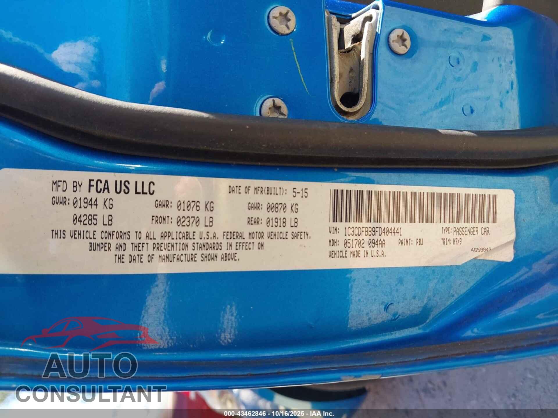 DODGE DART 2015 - 1C3CDFBB9FD404441