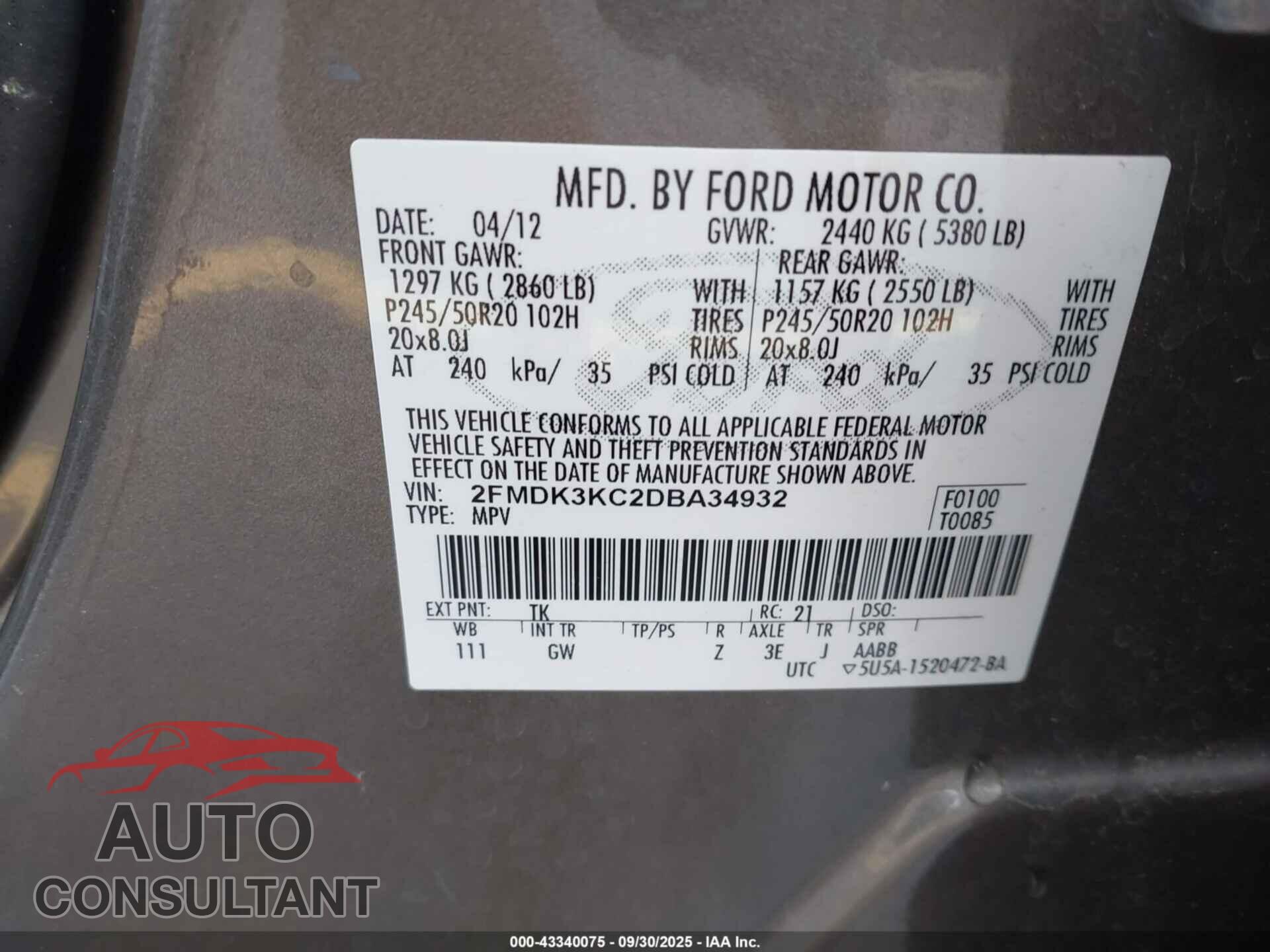 FORD EDGE 2013 - 2FMDK3KC2DBA34932