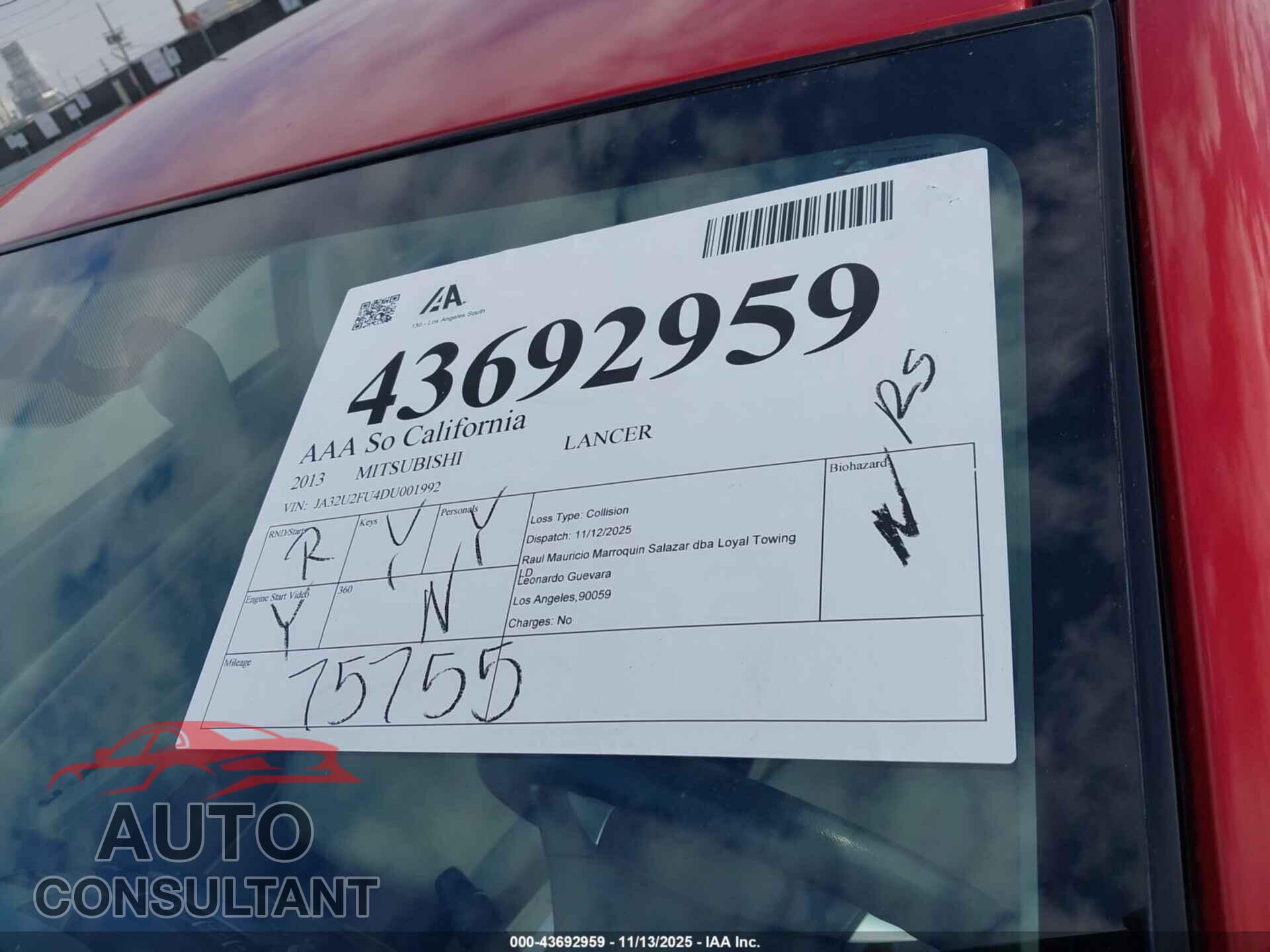 MITSUBISHI LANCER 2013 - JA32U2FU4DU001992