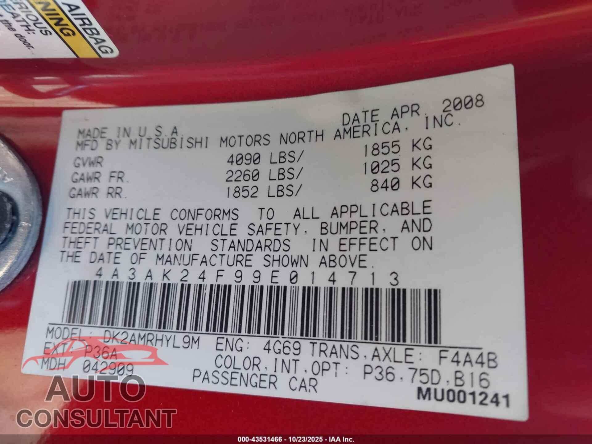 MITSUBISHI ECLIPSE 2009 - 4A3AK24F99E014713