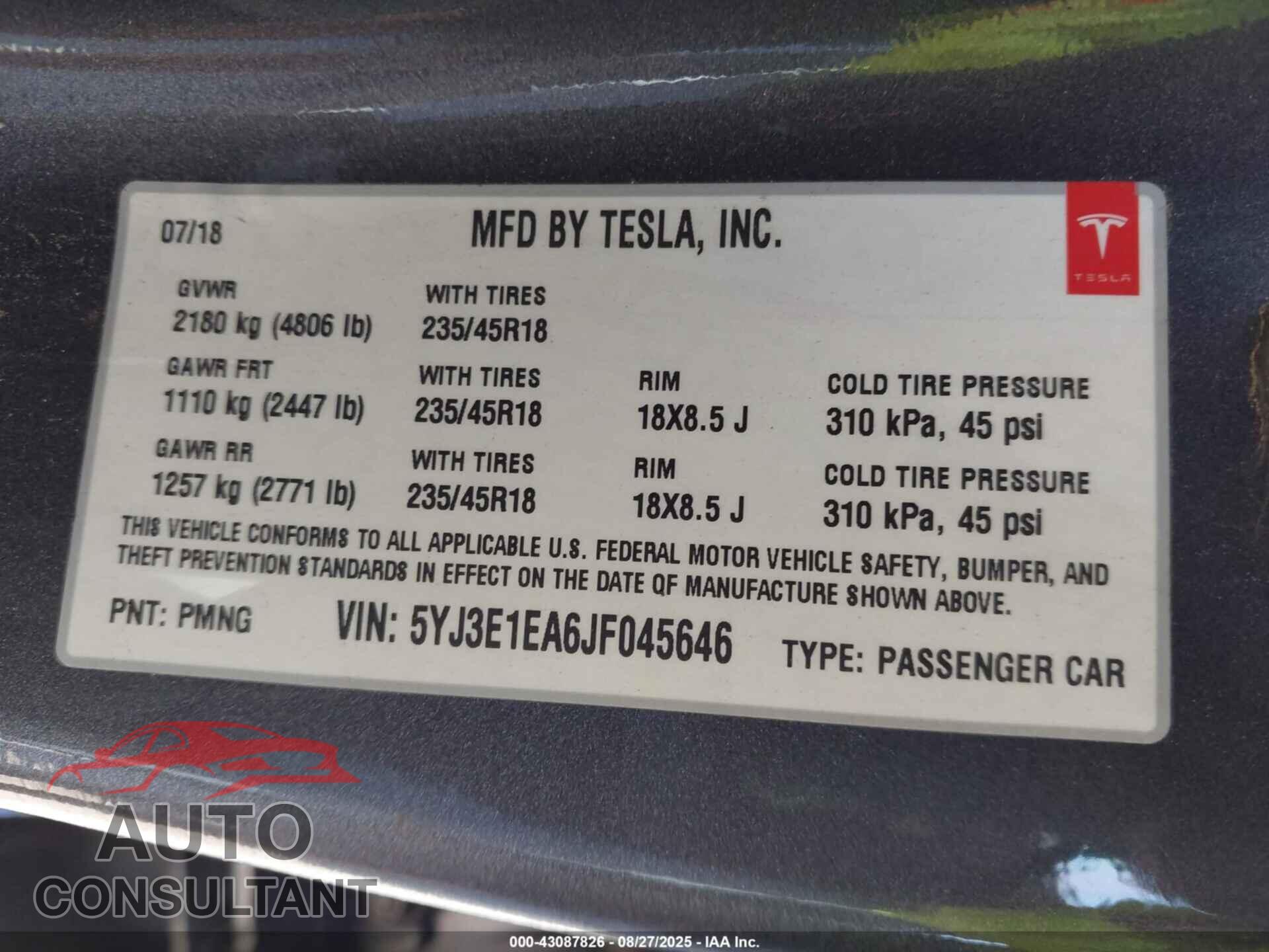 TESLA MODEL 3 2018 - 5YJ3E1EA6JF045646