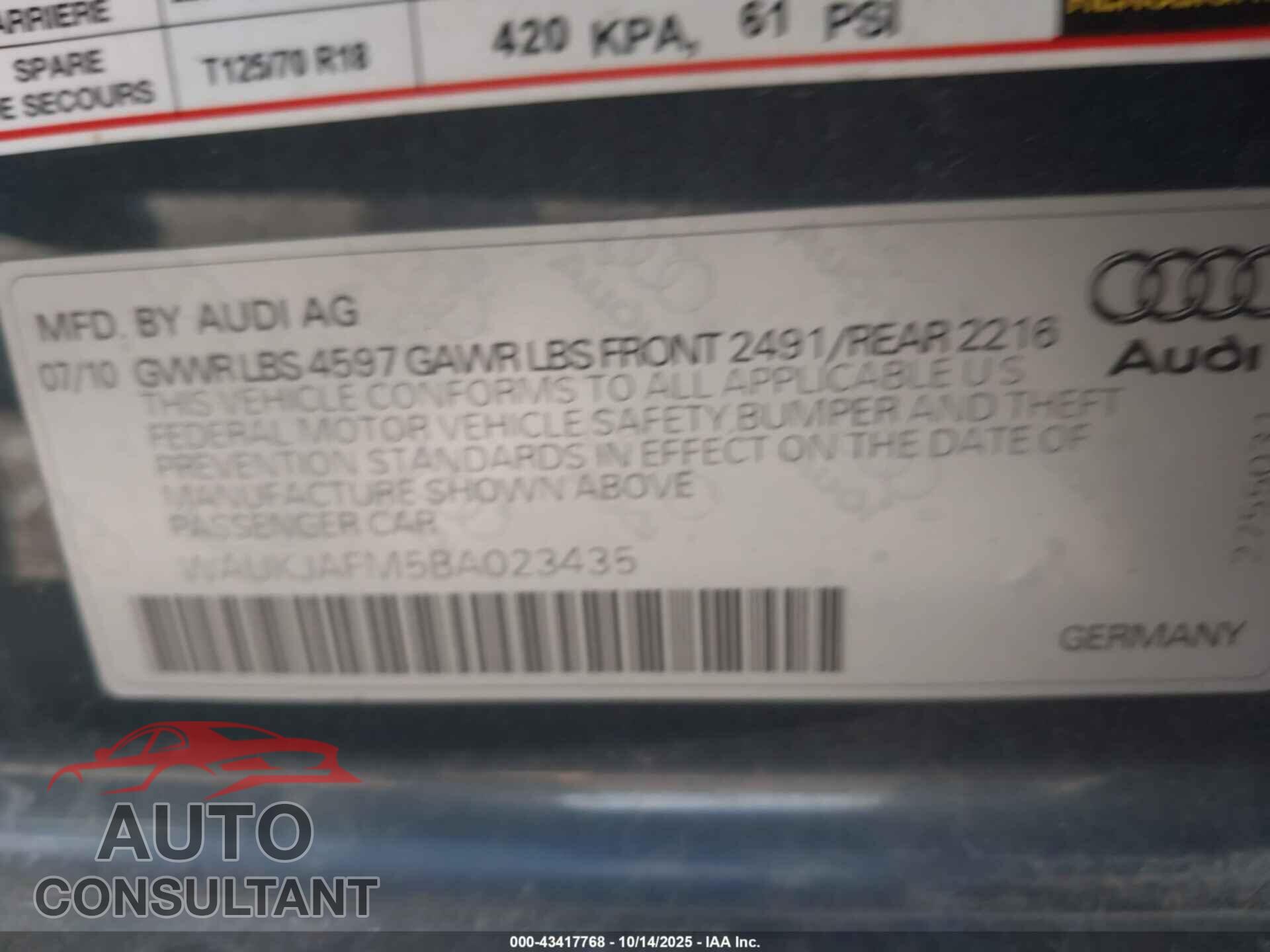 AUDI A3 2011 - WAUKJAFM5BA023435