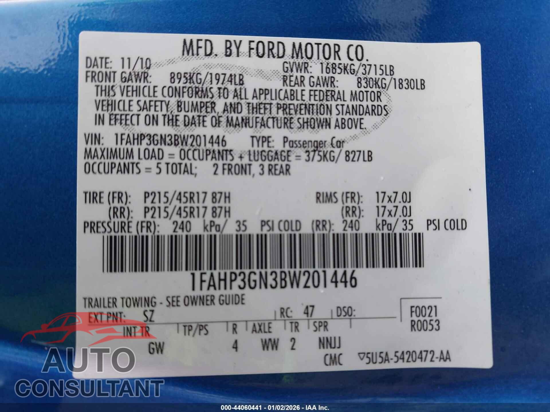 FORD FOCUS 2011 - 1FAHP3GN3BW201446